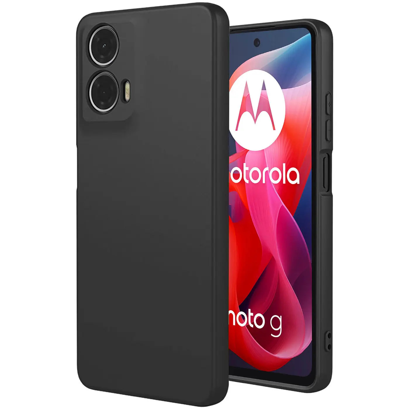 Schwarze Silikonhülle, matt, von vorne links, zeigt Motorola Moto G.