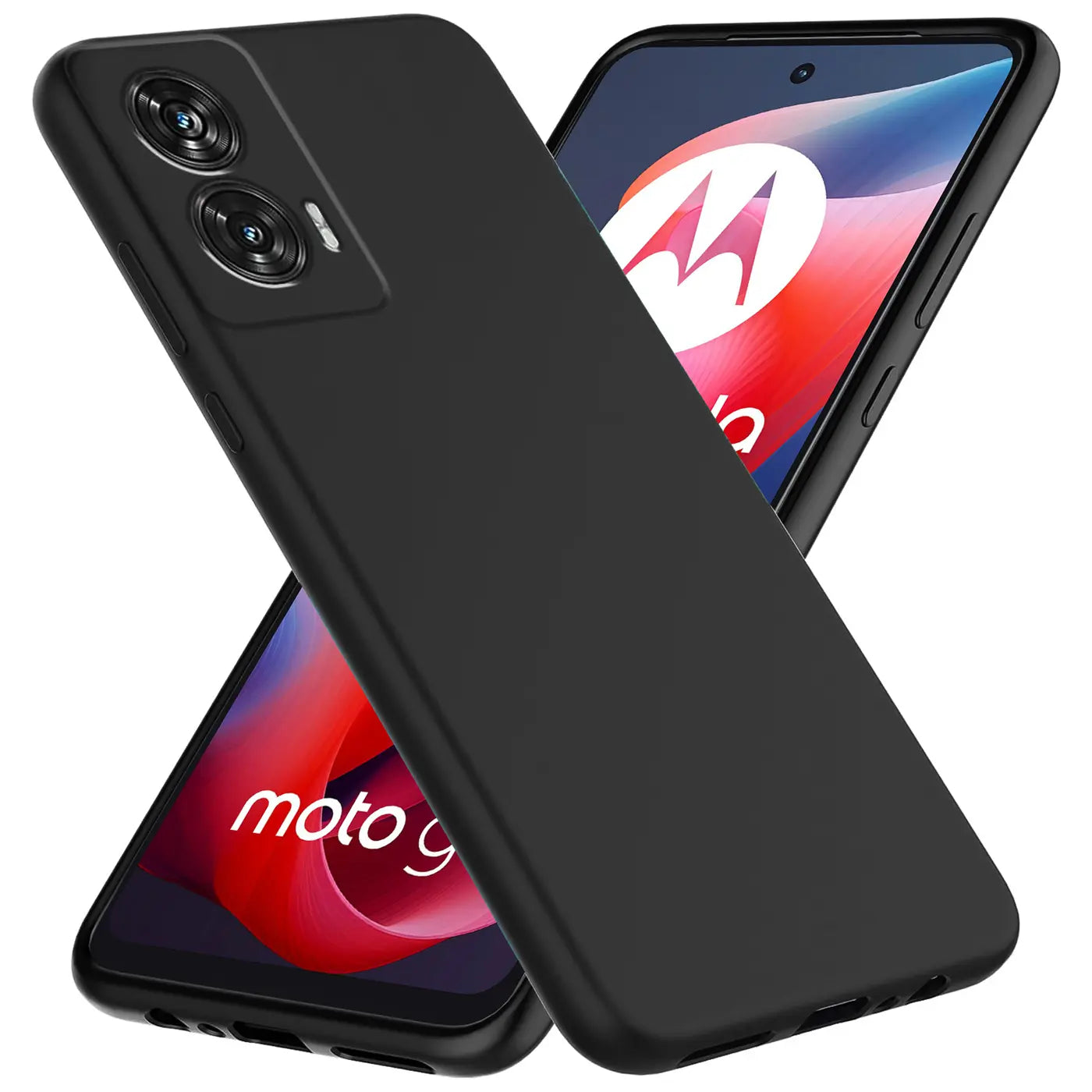 Schwarze matte Silikonhülle auf Motorola Moto G04/G24, von schräg oben