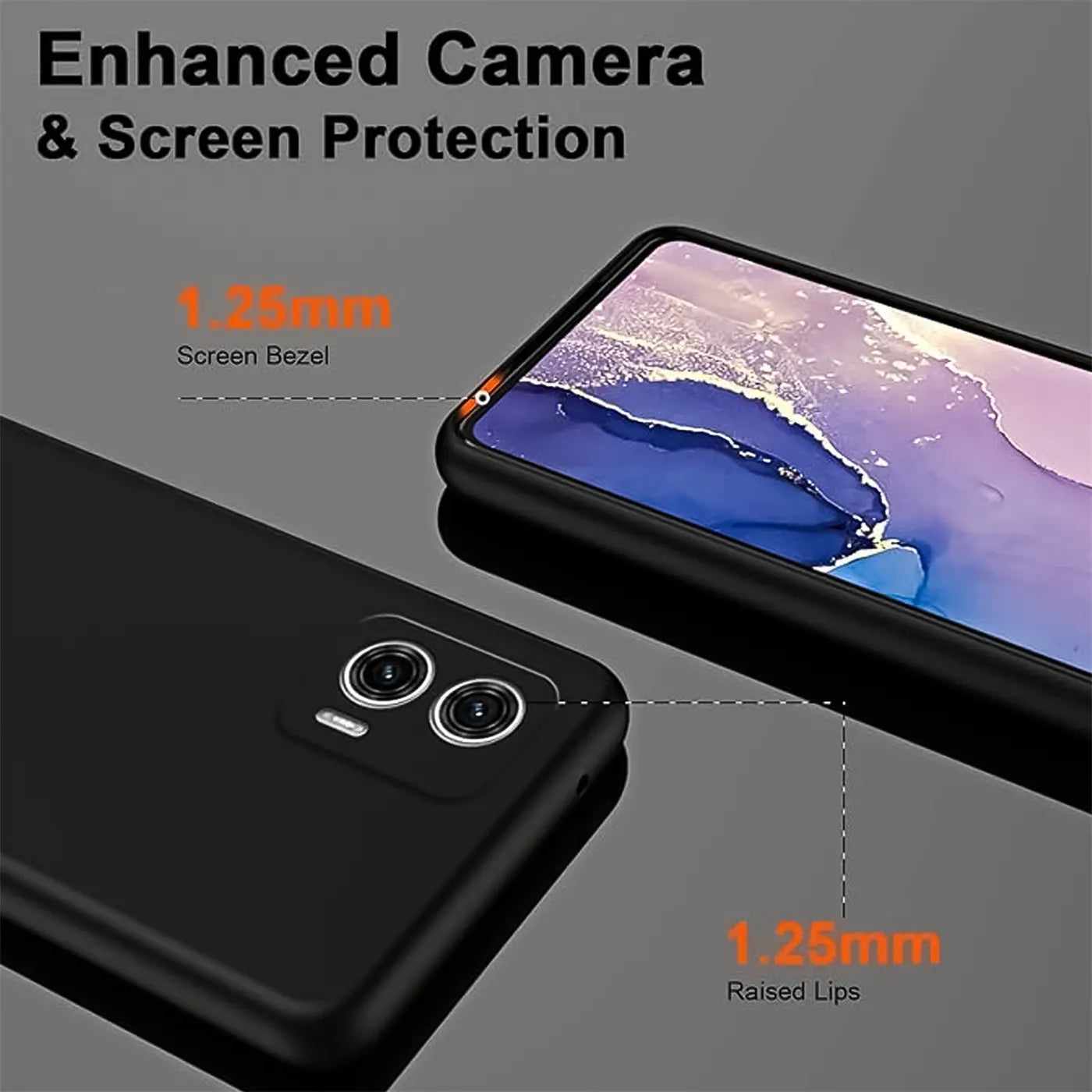 Schwarze Silikonhülle für Motorola Moto G04/G24, matt, von oben links