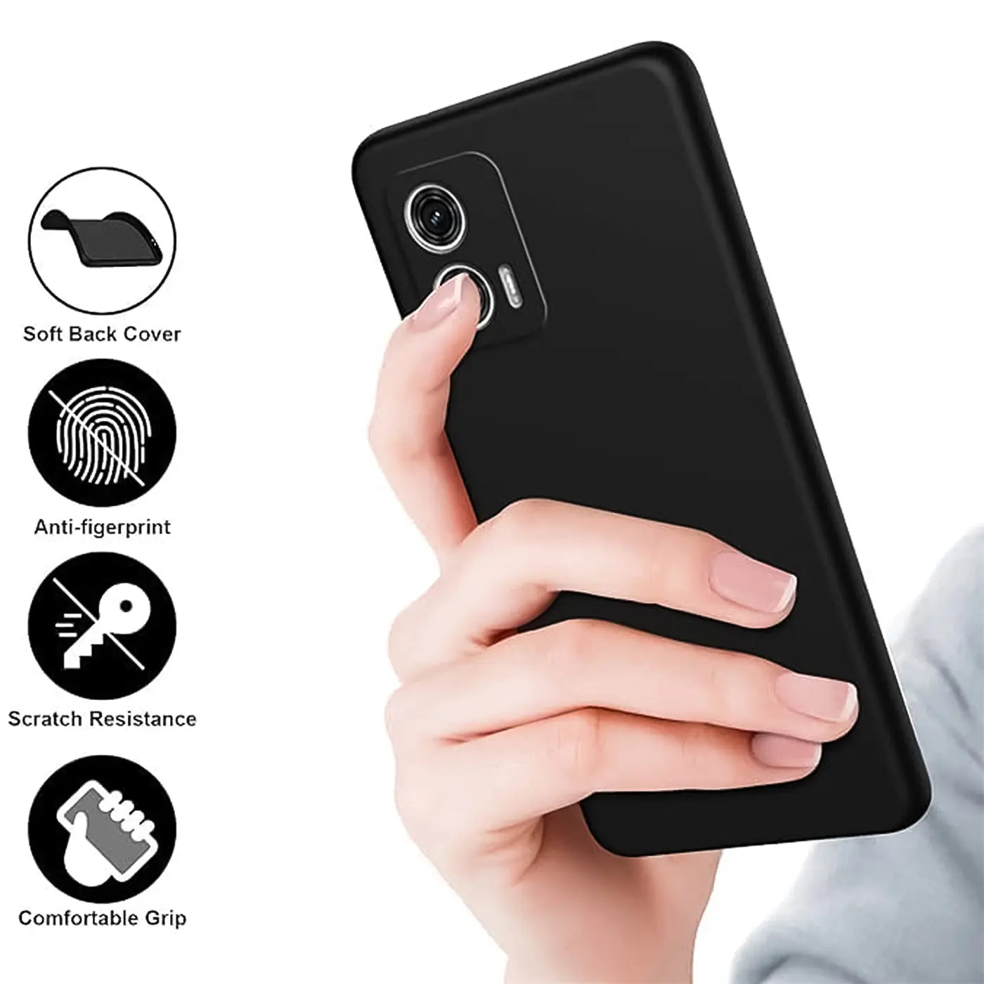 Schwarze, matte Silikonhülle, von hinten gezeigt, hält ein Motorola Moto G04/G24.