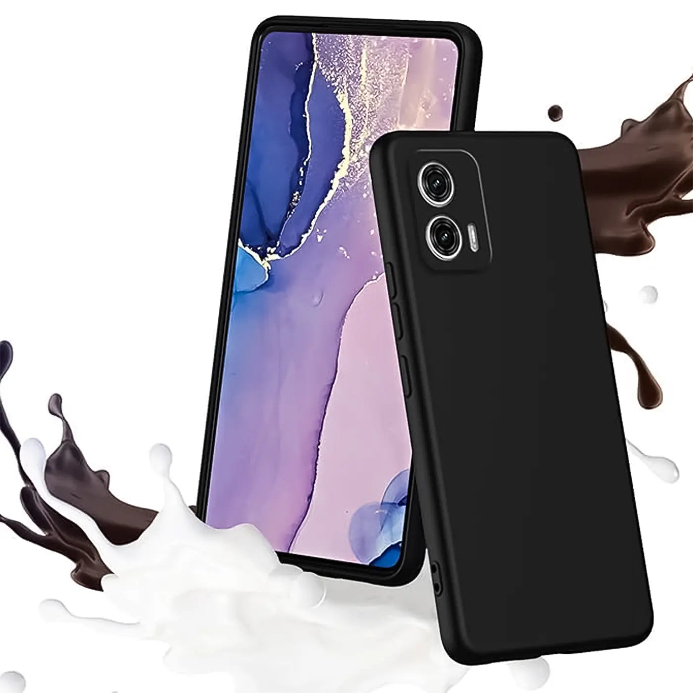 Schwarze Silikonhülle für Motorola Moto G04/G24, von hinten, matt, mit Spritzern.