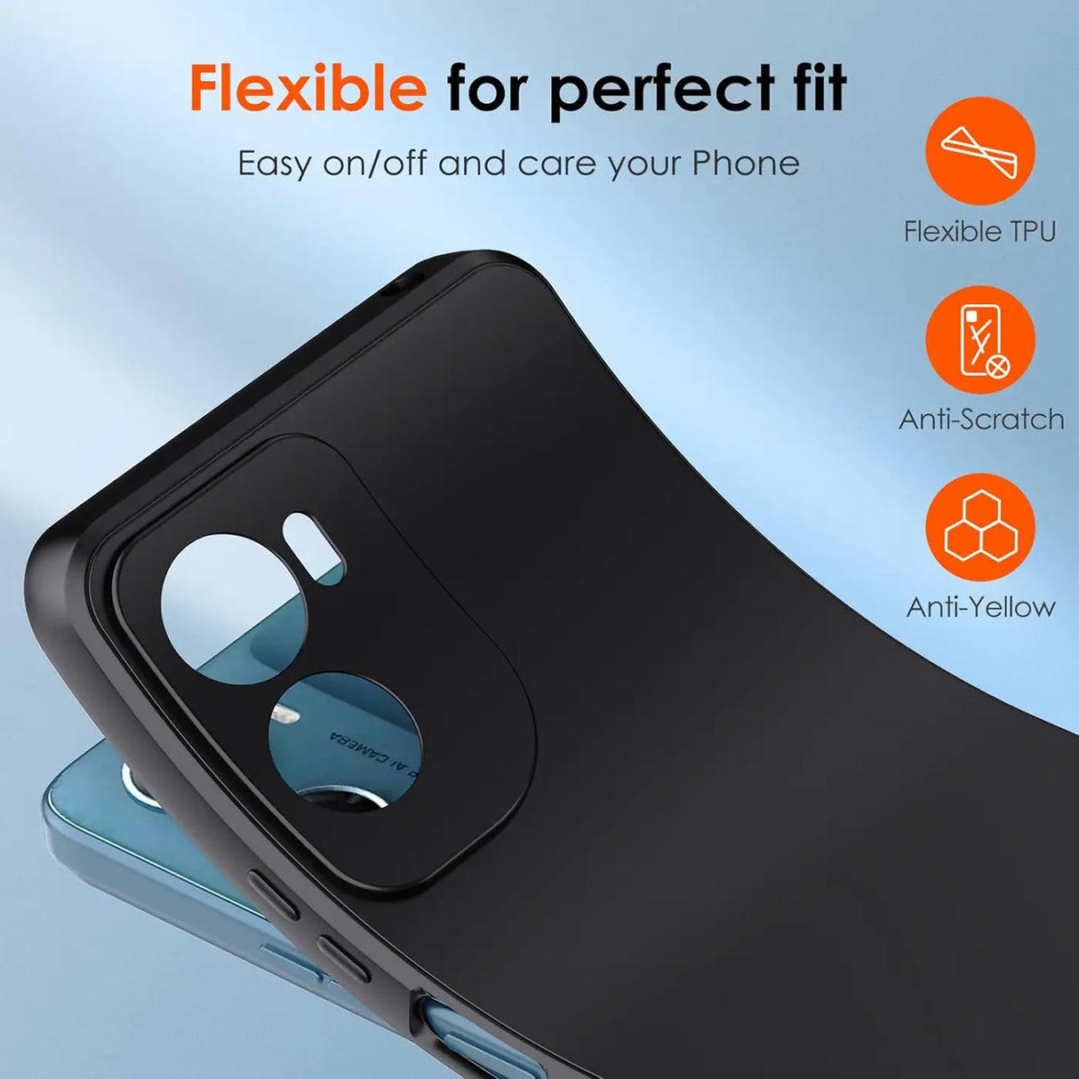 Schwarze, matte Silikonhülle für Motorola Moto G06/G06 Power, von hinten, Nahaufnahme