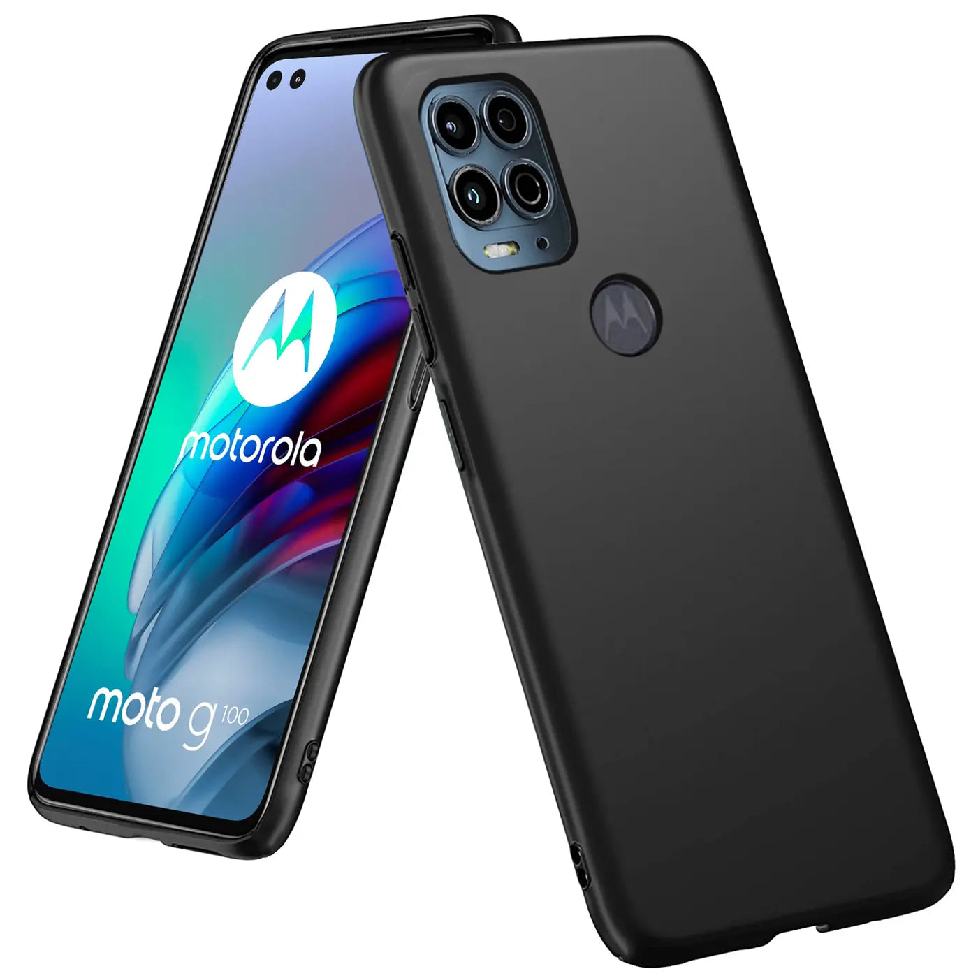 Schwarze Silikonhülle auf Motorola Moto G100, Rückansicht, matt.