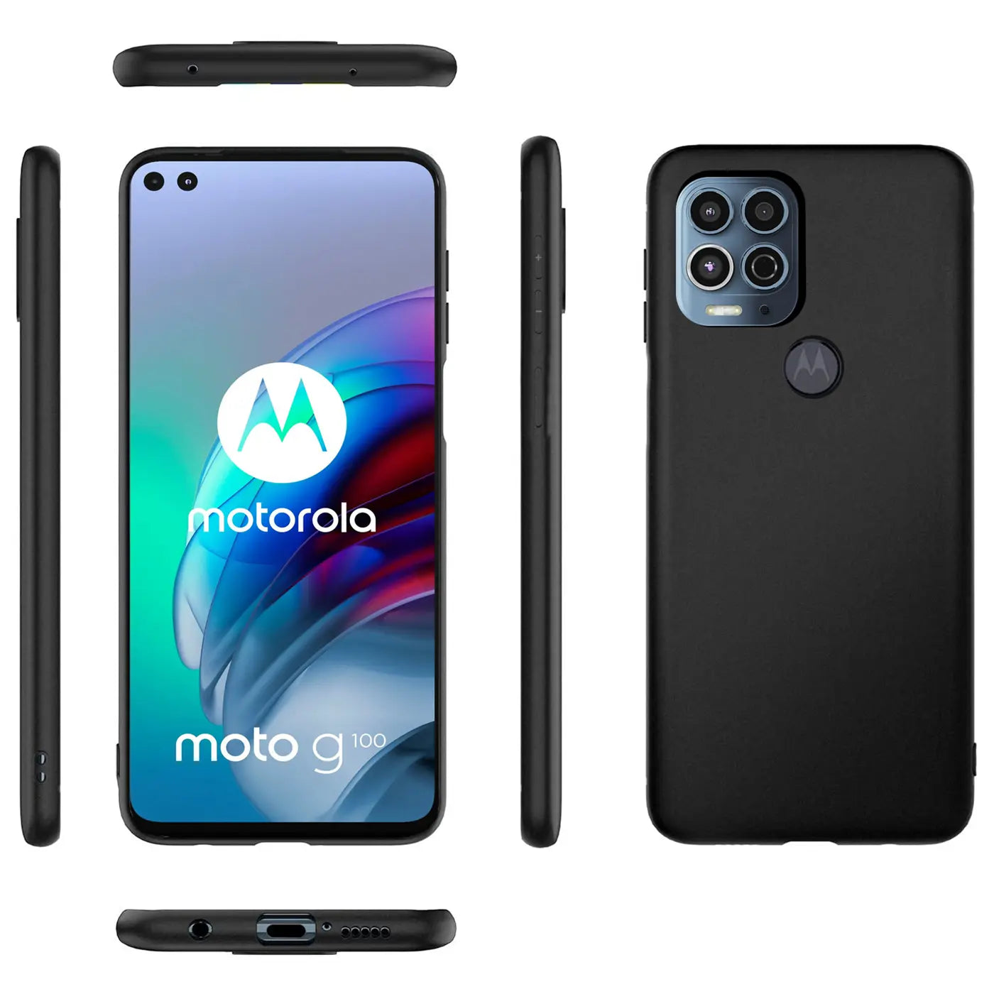 Schwarze Silikonhülle für Motorola Moto G100, von vorne, Seite, Rückseite und unten gezeigt.