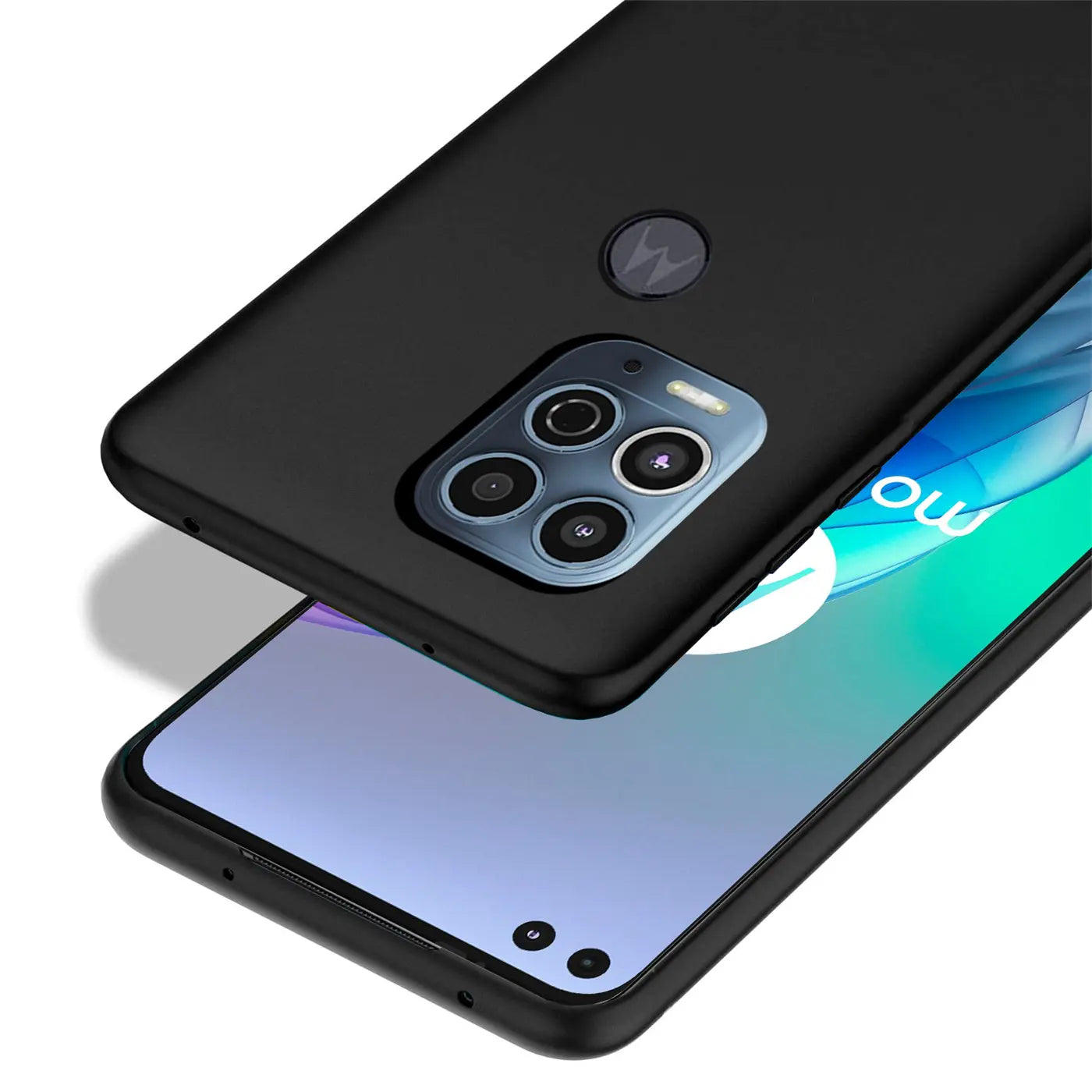 Schwarze Silikonhülle auf Motorola Moto G100, Rückansicht, Nahaufnahme