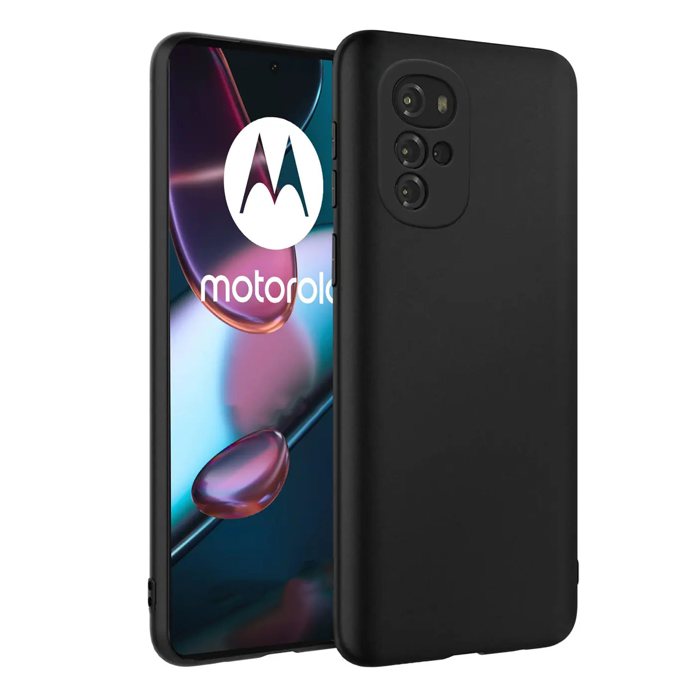Schwarze, matte Silikonhülle für Motorola Moto G22, von vorne rechts gezeigt.