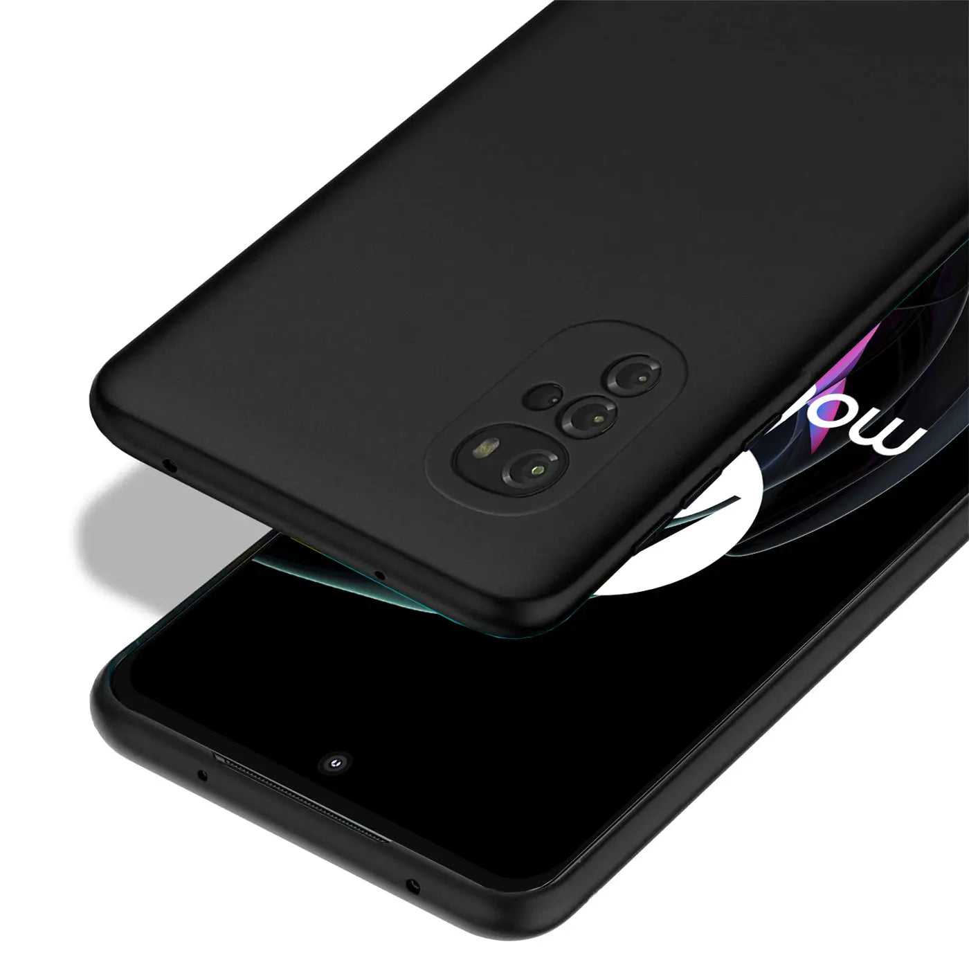 Schwarze matte Silikonhülle für Motorola Moto G22, von oben schräg fotografiert.