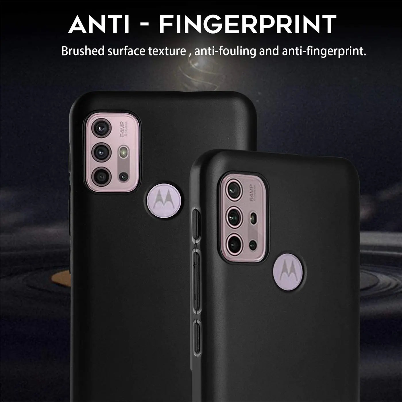 Zwei schwarze Silikonhüllen für Motorola Moto G30/G20/G10, Vorderansicht.