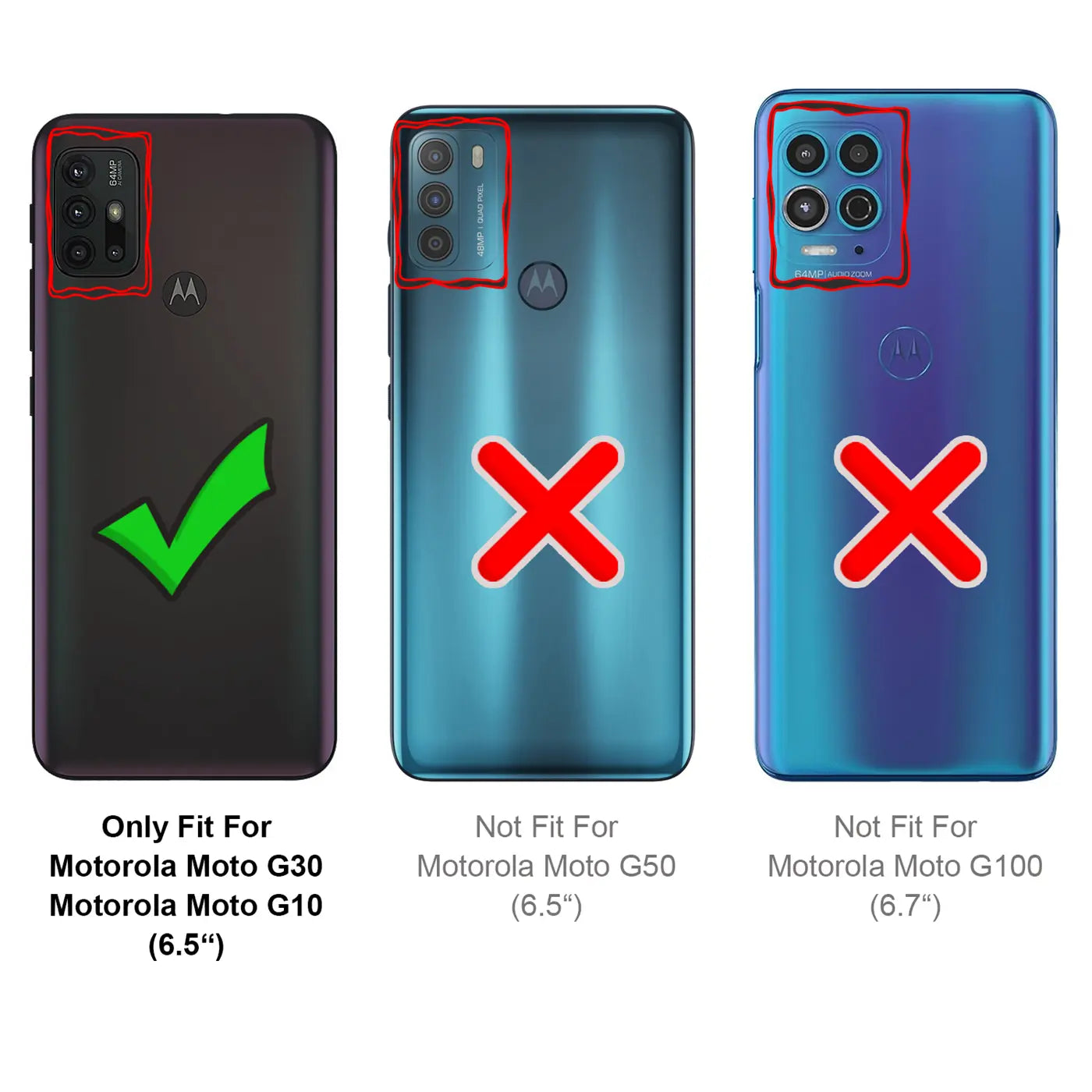 Rückseite Motorola Moto G30/G10 (6.5") mit grüner Markierung, andere Modelle mit rotem Kreuz.
