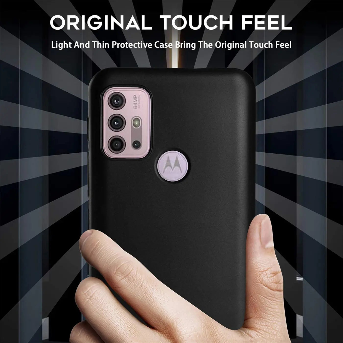 Schwarze, matte Silikonhülle auf einem Motorola Moto G30/G20/G10, Rückansicht.