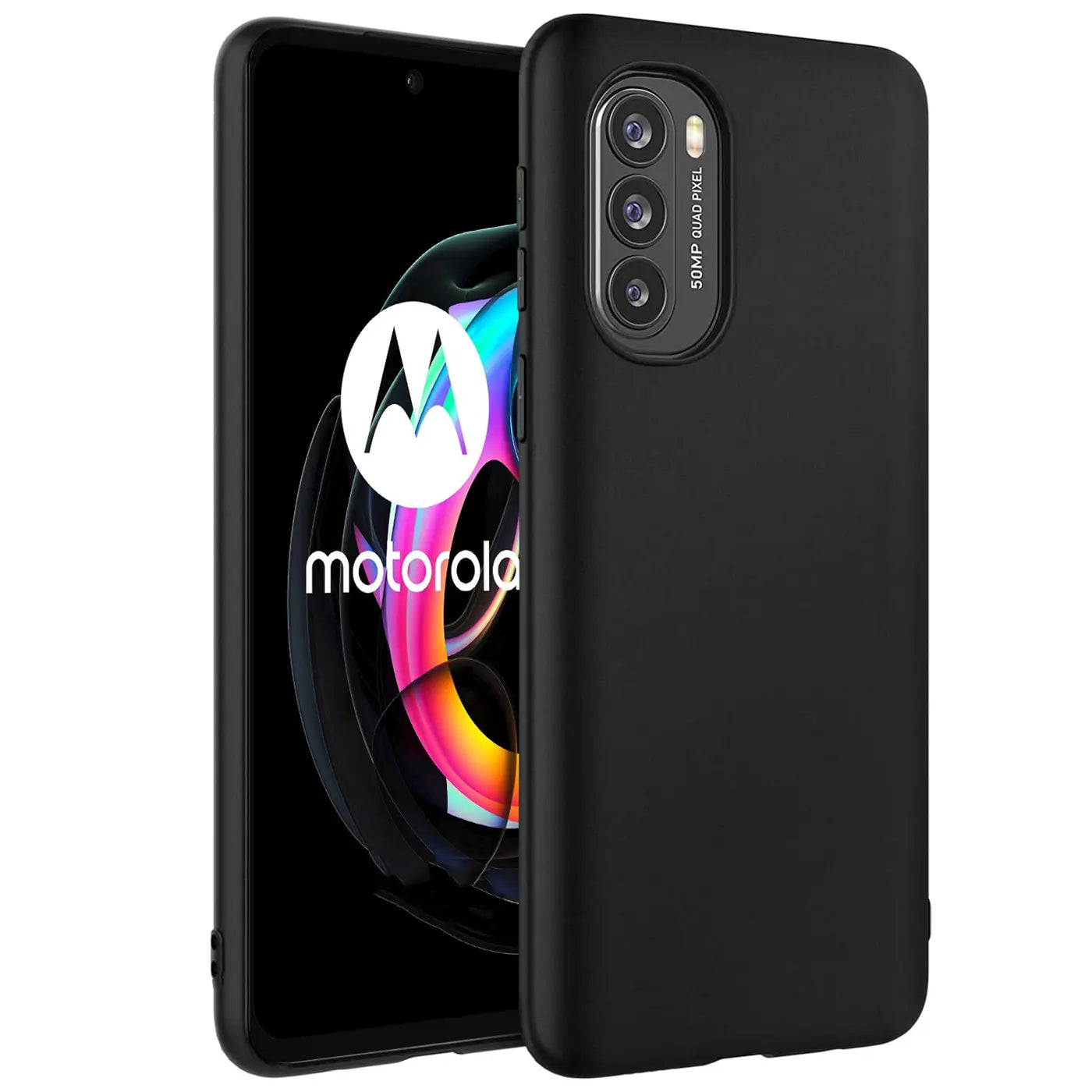 Schwarze Silikonhülle für Motorola Moto G31/G41, von vorne schräg fotografiert.