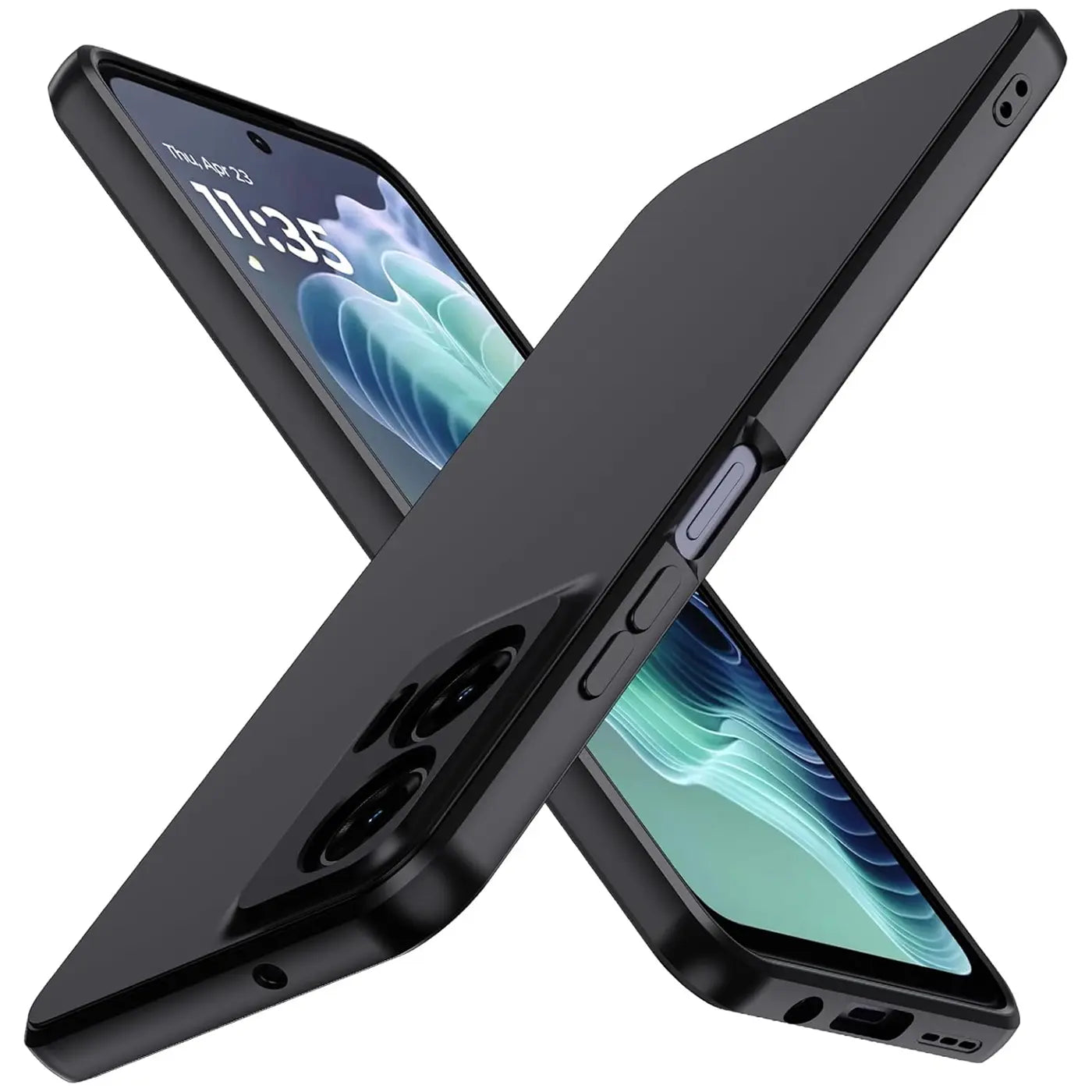 Schwarze matte Silikonhülle für Motorola Moto G35 5G, von schräg oben, Nahaufnahme.