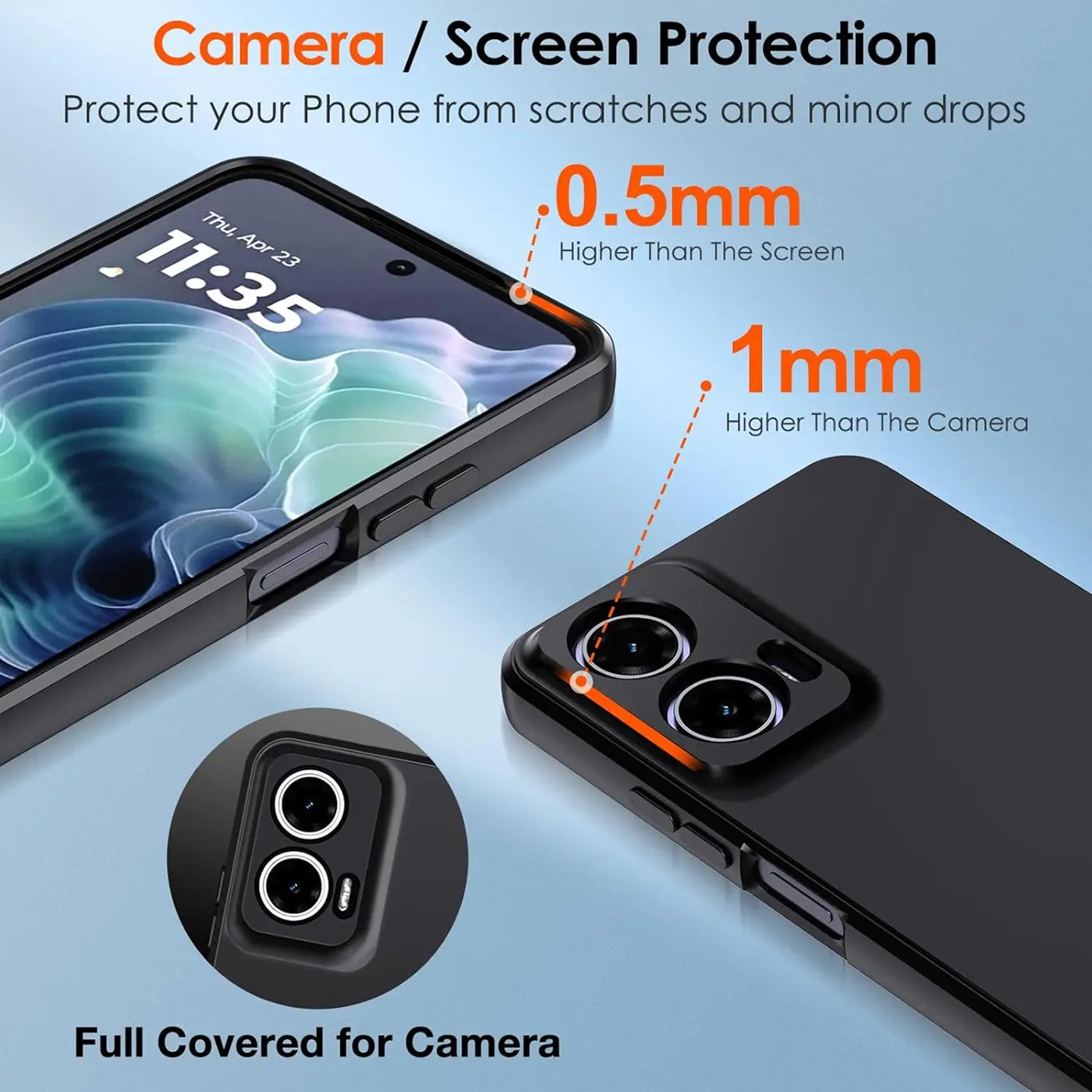 Schwarze Silikonhülle für Motorola Moto G35 5G, von oben/seitlich, Nahaufnahme der Kamera.