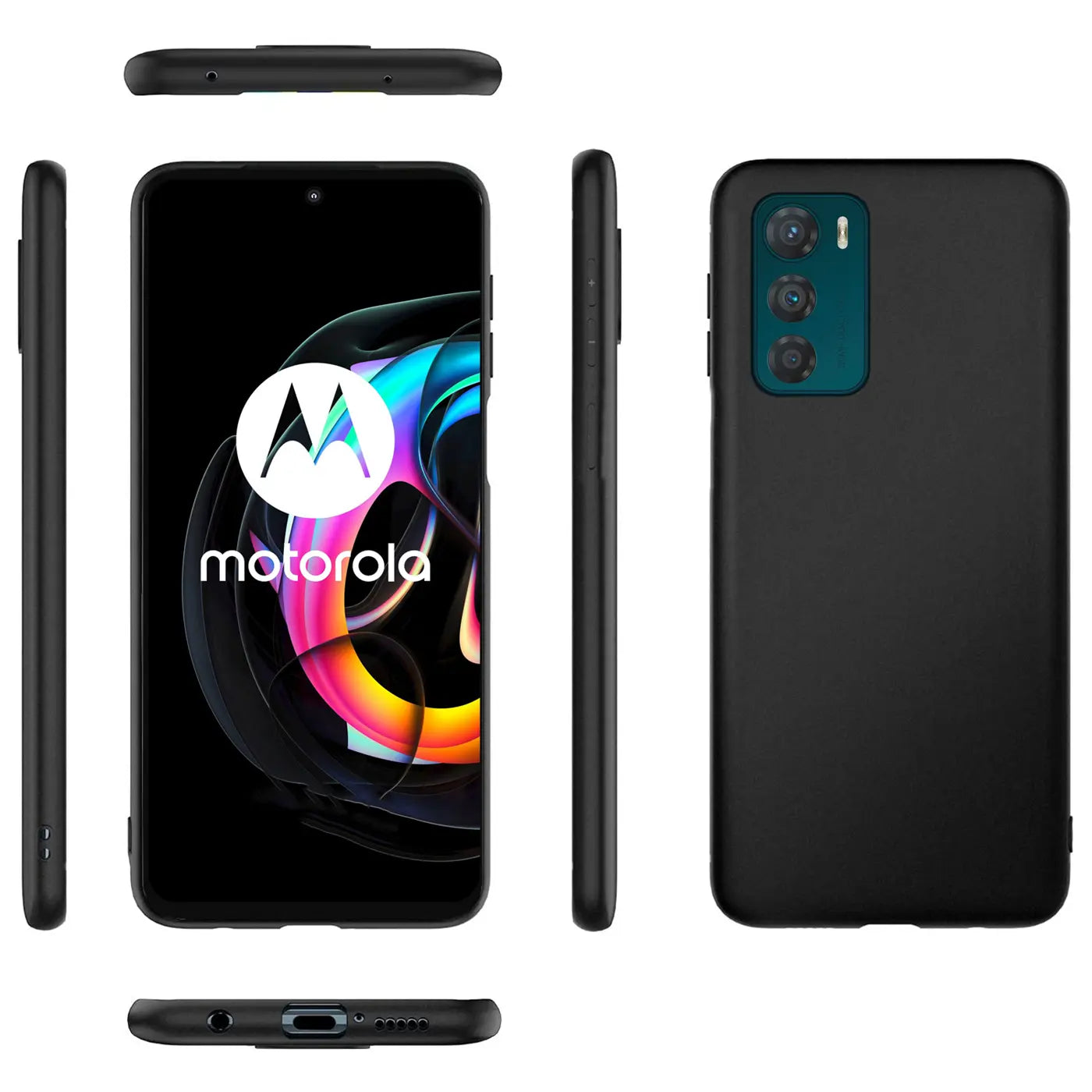 Schwarze Silikonhülle, matt, verschiedene Ansichten, Motorola Moto G42.