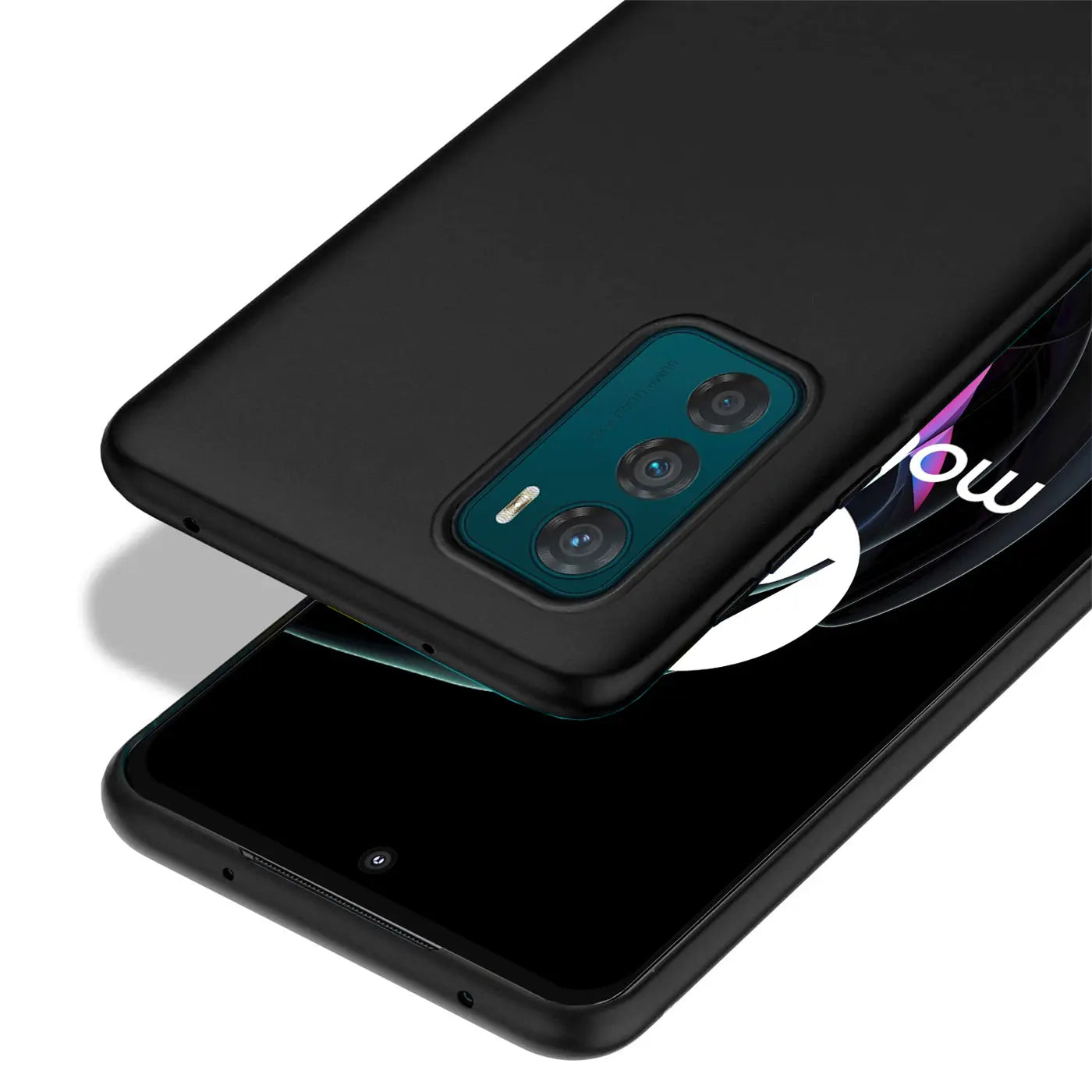 Schwarze, matte Silikonhülle für Motorola Moto G42, von oben, Nahaufnahme.