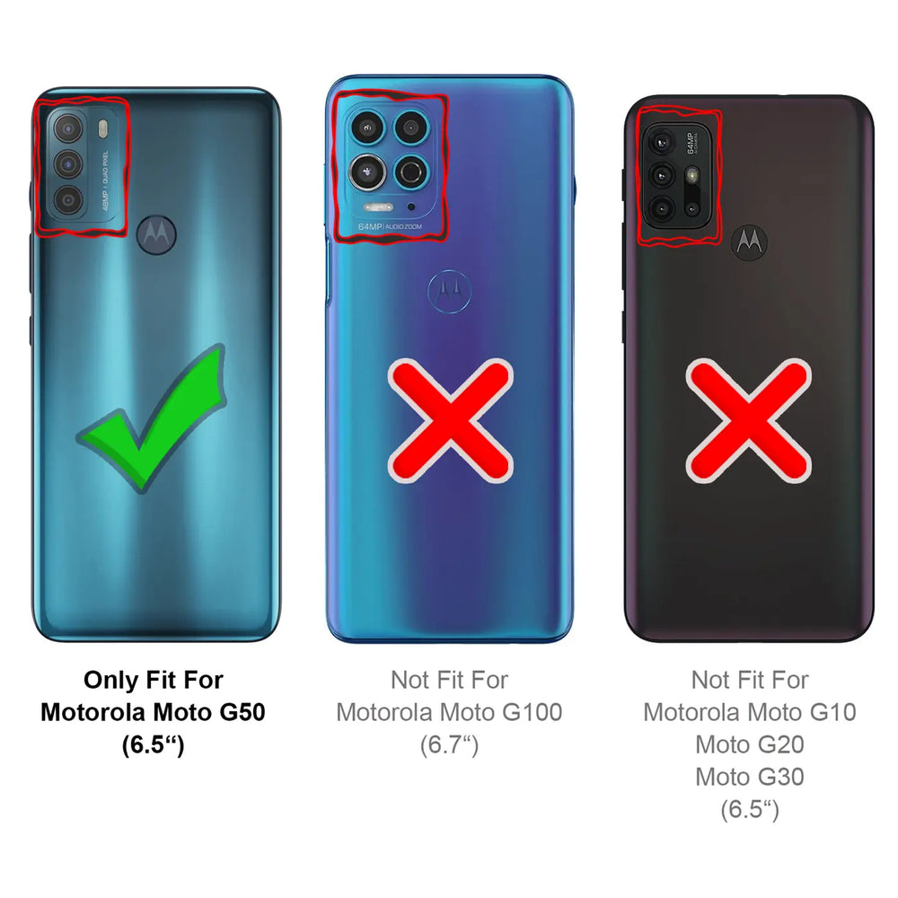 Rückseite Motorola Moto G50 (6.5") mit grüner Markierung, andere Modelle mit rotem X.