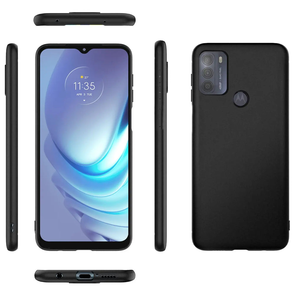 Schwarz matte Silikonhülle für Motorola Moto G50, verschiedene Ansichten.
