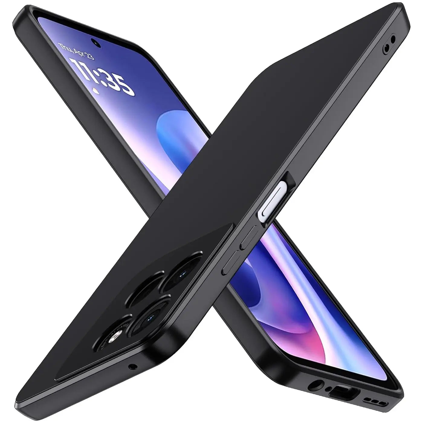 Schwarze, matte Silikonhülle für Motorola Moto G56 5G, von schräg oben, Nahaufnahme