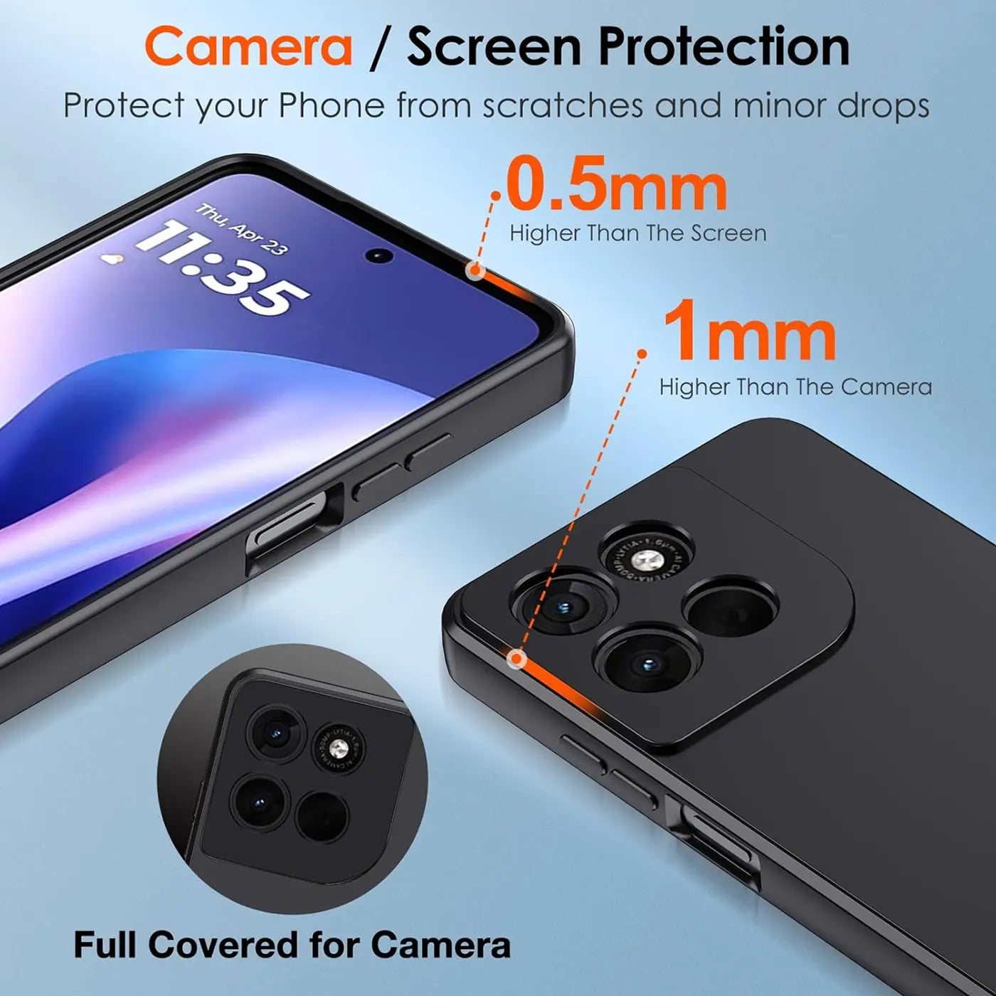 Schwarze Silikonhülle für Motorola Moto G56 5G, von oben/seitlich, mit Kameradetail.