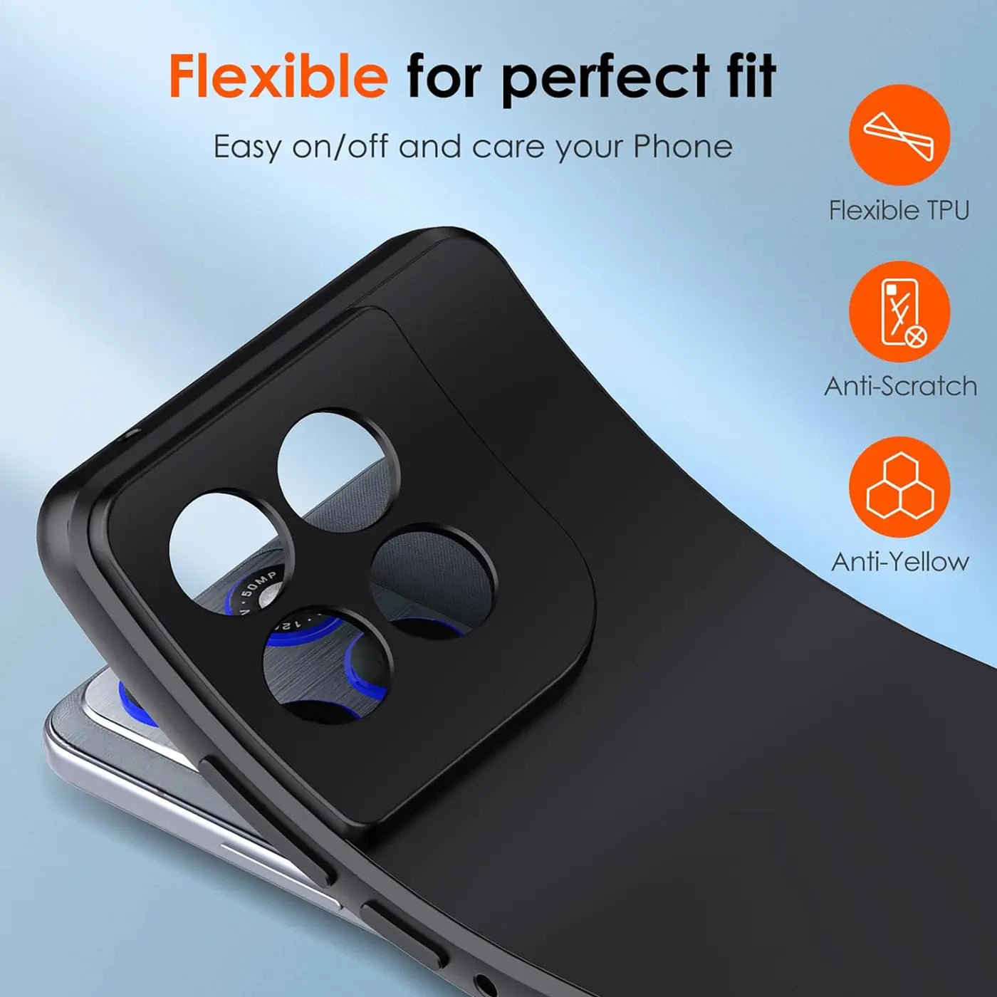 Schwarze, matte Silikonhülle für Motorola Moto G56 5G, Rückansicht, Nahaufnahme.