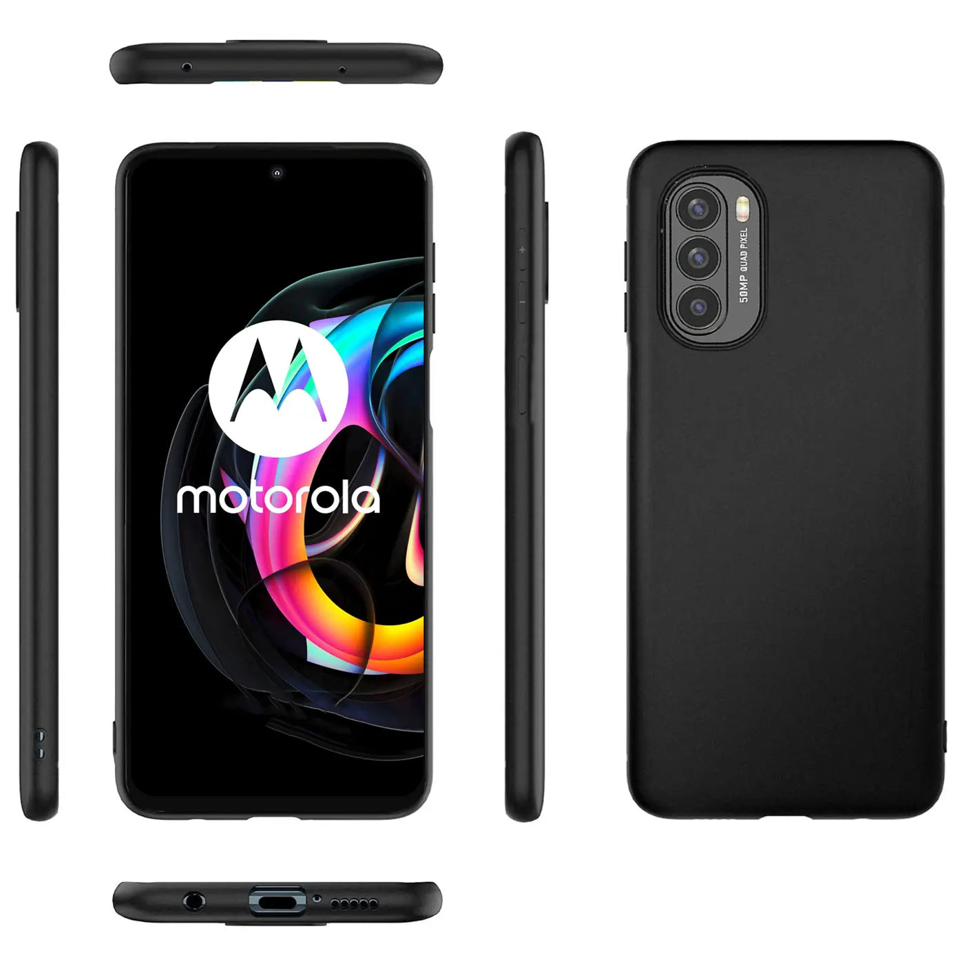 Schwarze Silikonhülle, matt, verschiedene Ansichten, Motorola Moto G62 5G.