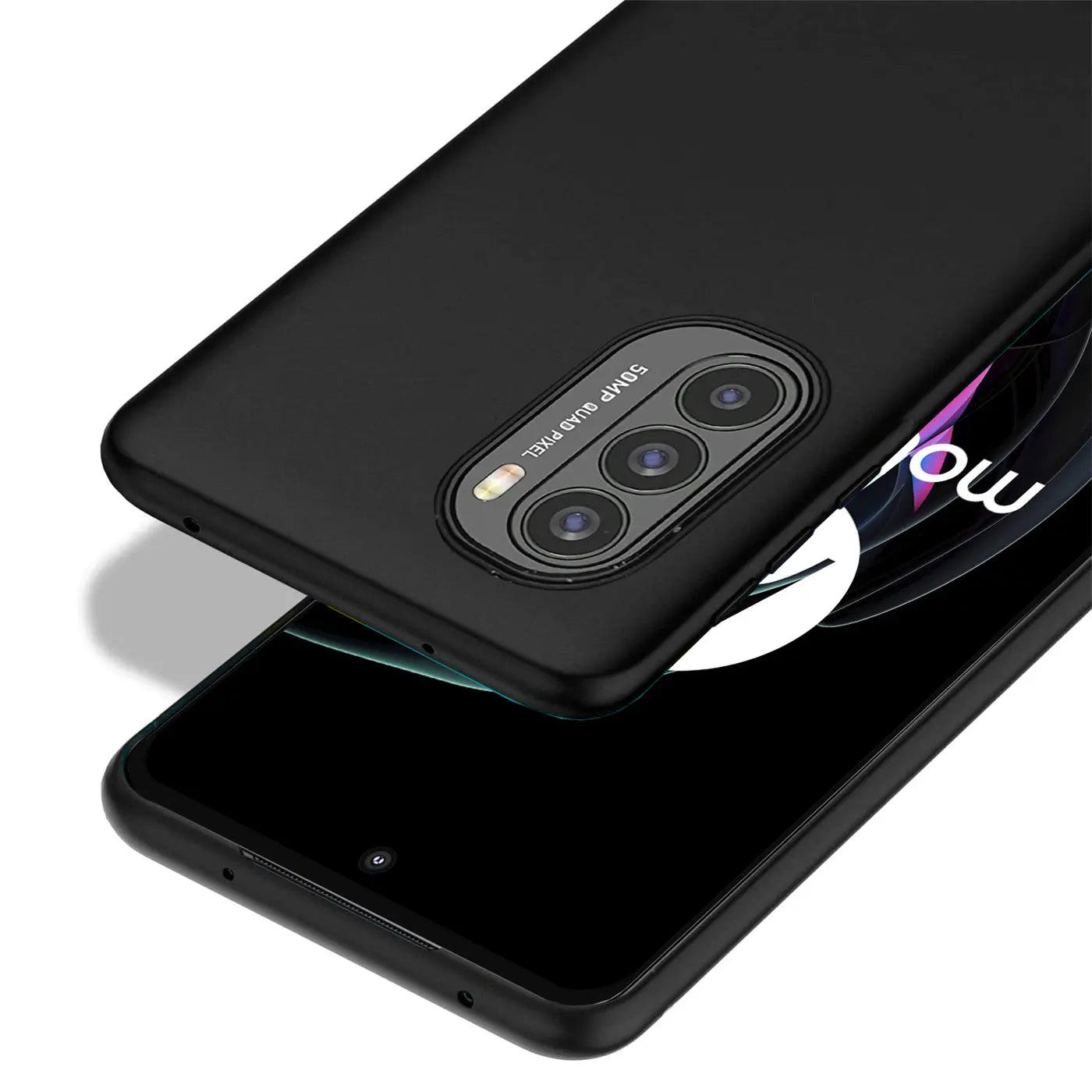 Schwarze, matte Silikonhülle für Motorola Moto G62 5G, von oben fotografiert.