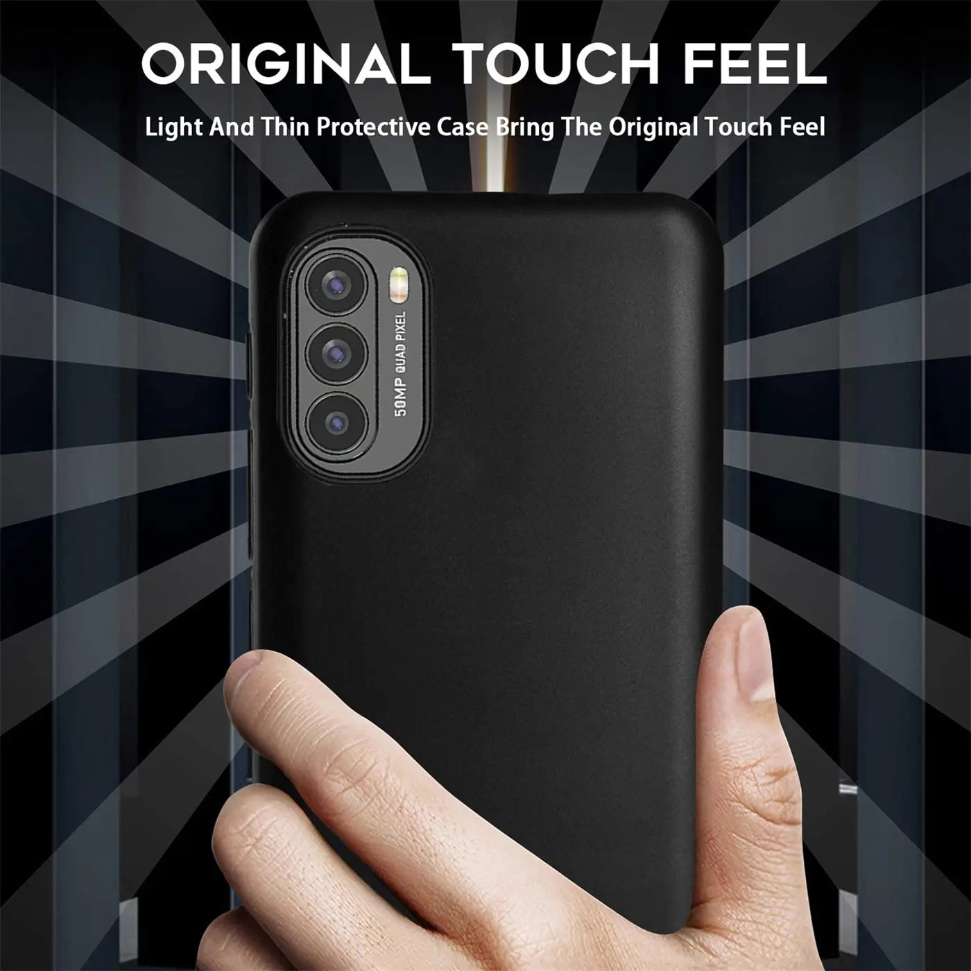 Schwarze Silikonhülle matt, Rückansicht, Motorola Moto G62 5G mit Kamera.