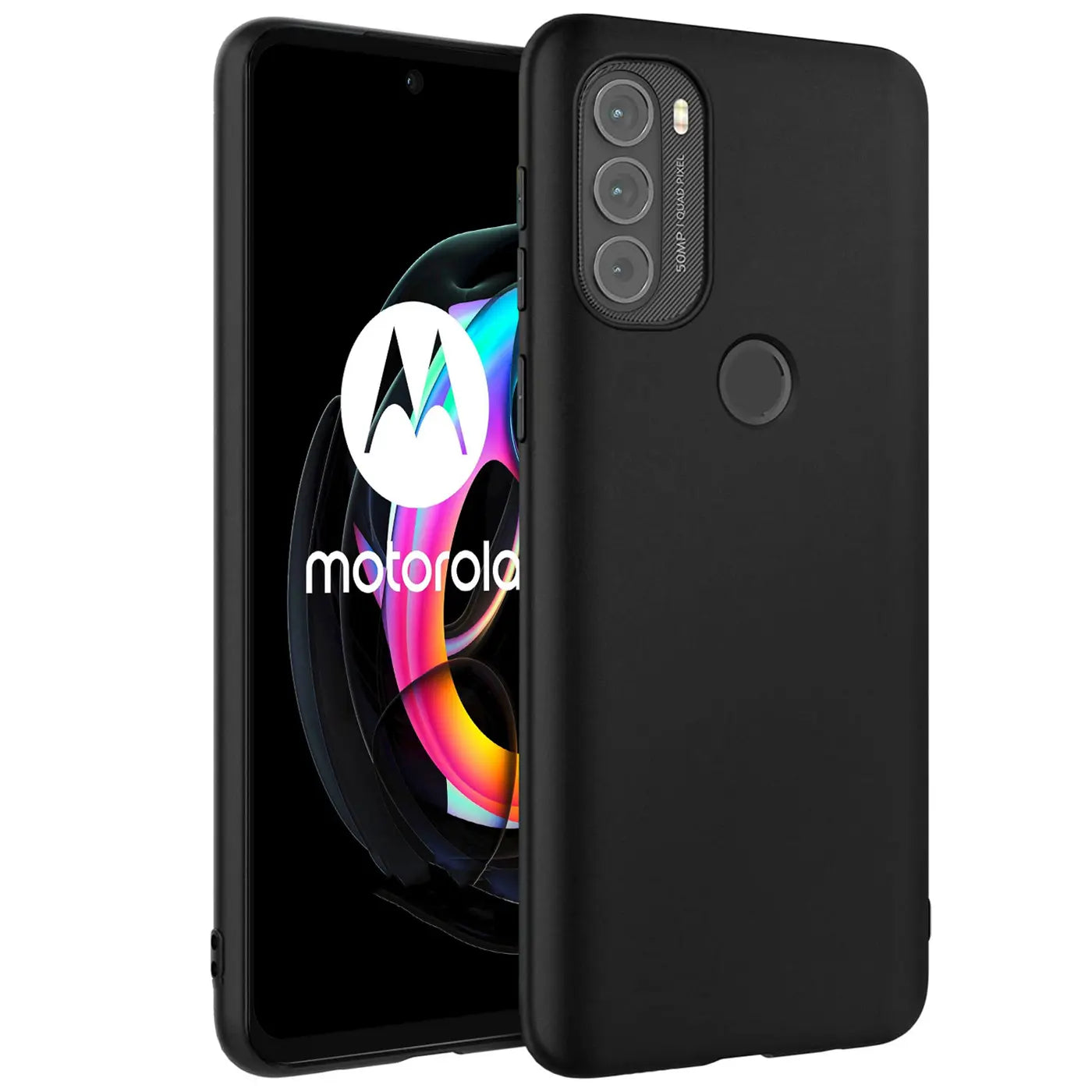 Schwarze Silikonhülle auf einem Motorola Moto G71 5G, Seitenansicht.