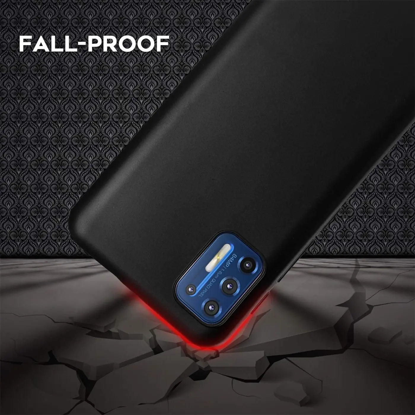 Schwarze, matte Silikonhülle für Motorola Moto G71 5G, Rückansicht, Nahaufnahme.