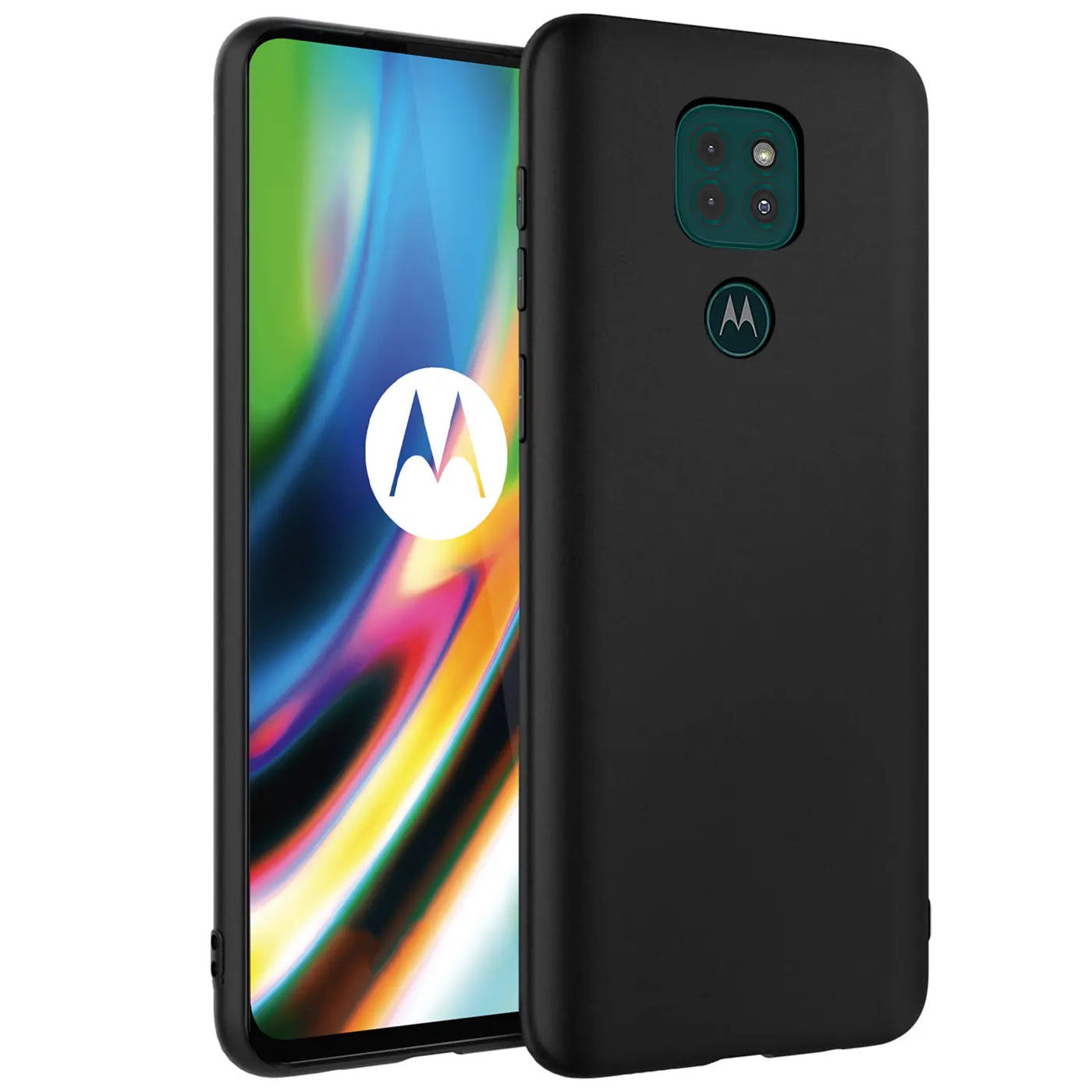 Schwarze Silikonhülle auf Motorola Moto G9 Play, von schräg vorne, matt.