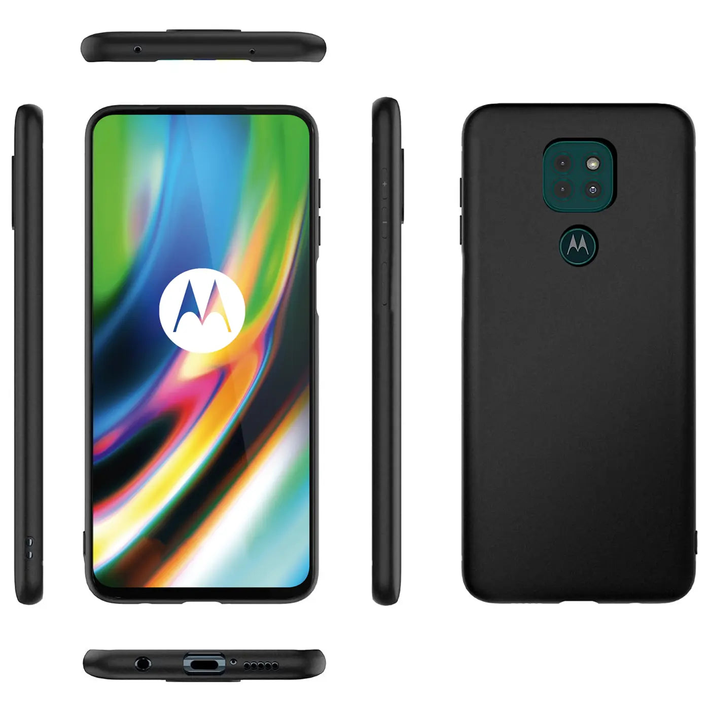 Schwarze Silikonhülle für Motorola Moto G9 Play, verschiedene Ansichten, matt