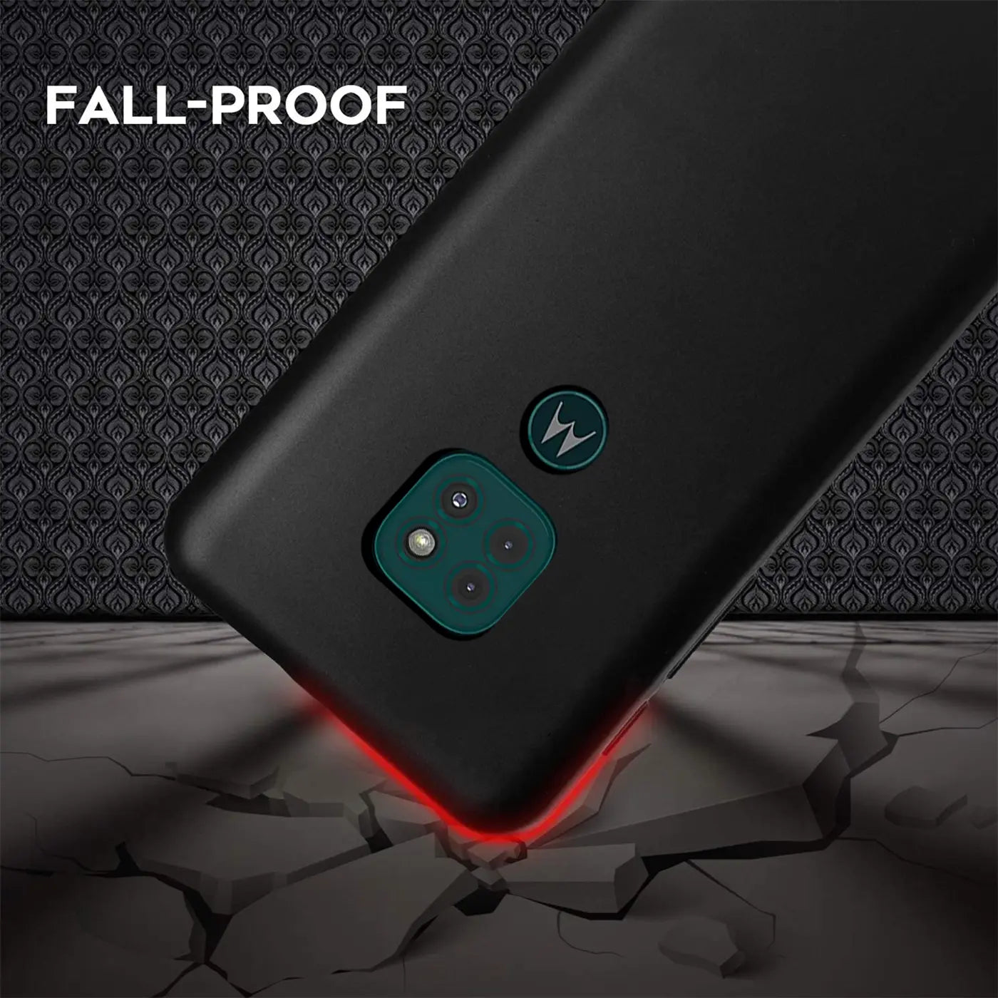 Schwarze, matte Silikonhülle für Motorola Moto G9 Play, Rückansicht, Nahaufnahme.