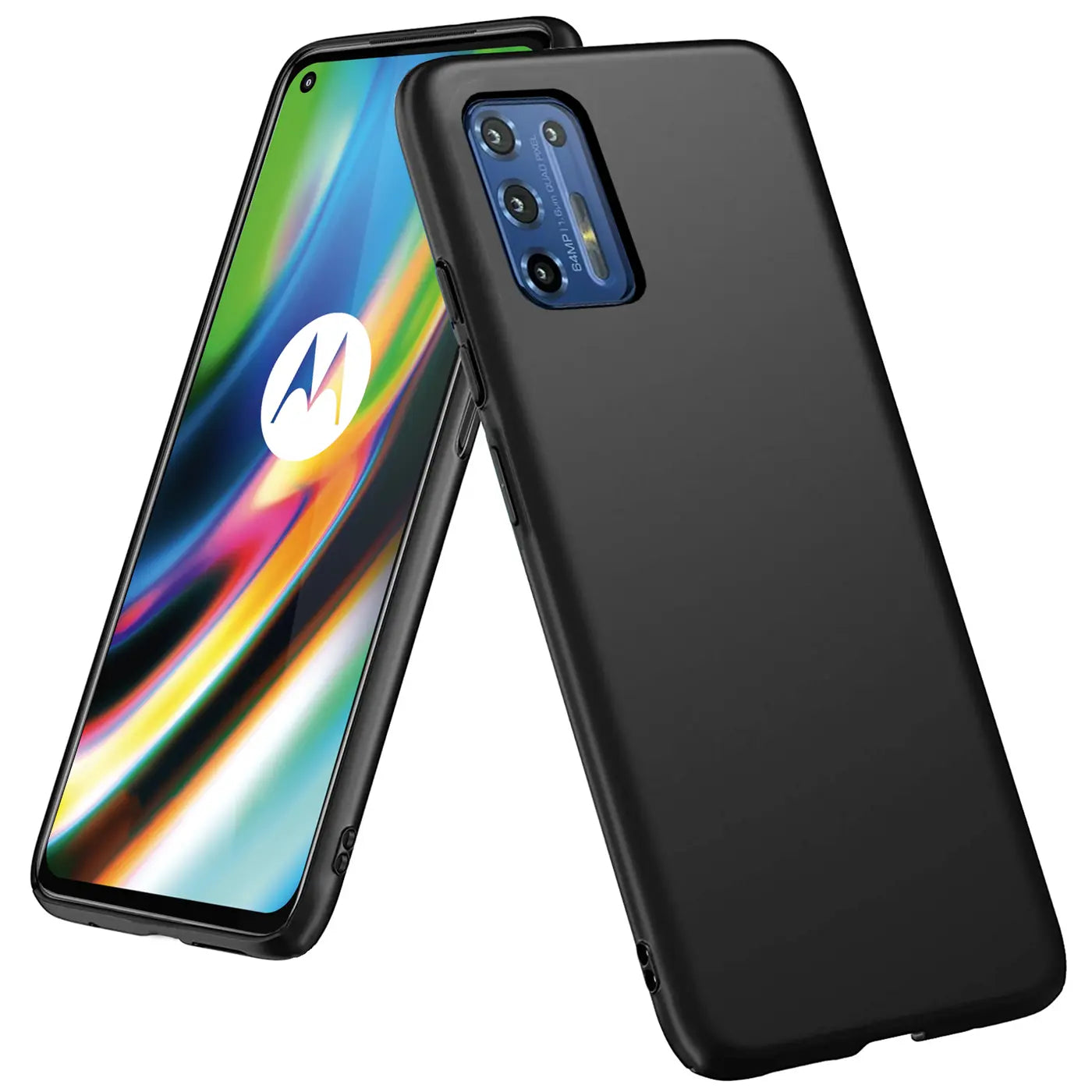 Schwarze, matte Silikonhülle für Motorola Moto G9 Plus, von schräg vorne gezeigt.