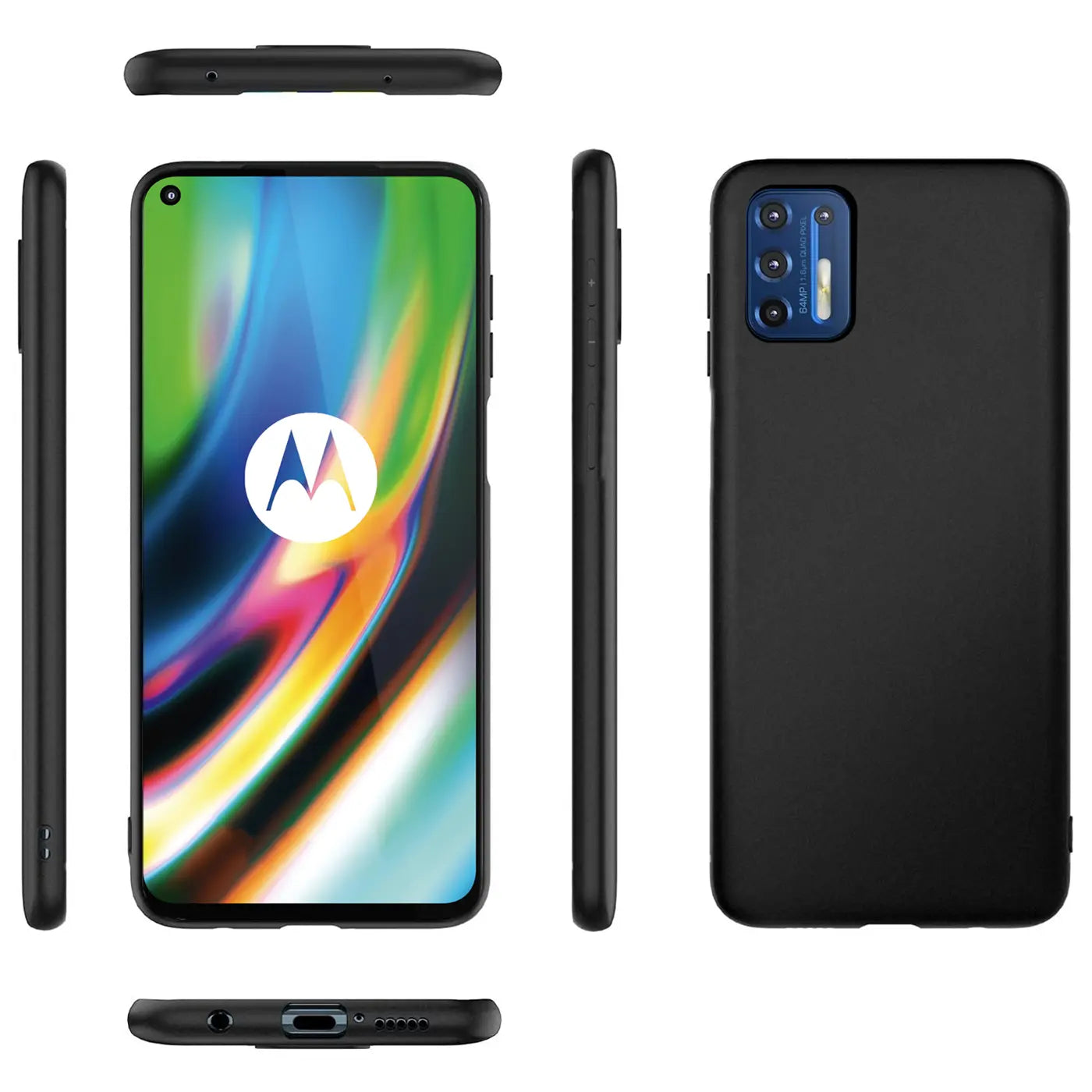 Schwarze Silikonhülle, matt, aus verschiedenen Winkeln, mit Motorola Moto G9 Plus