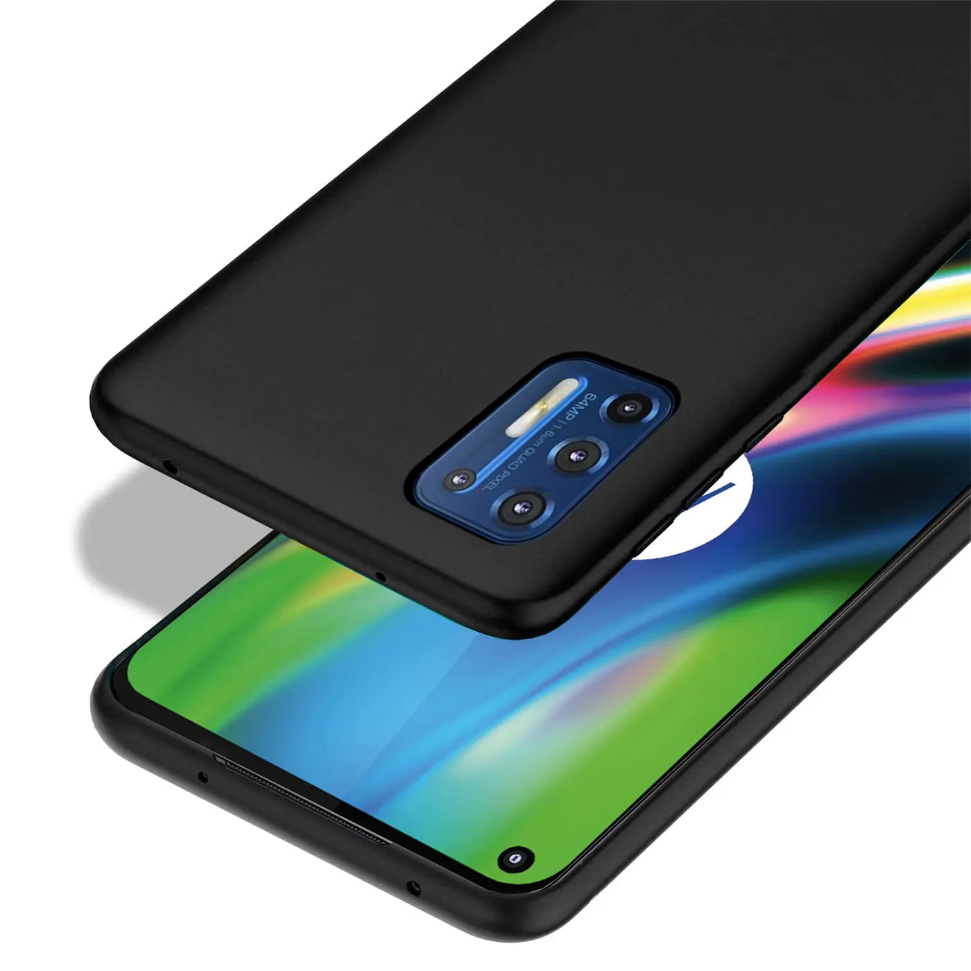 Schwarze Silikonhülle auf Motorola Moto G9 Plus, Seitenansicht.