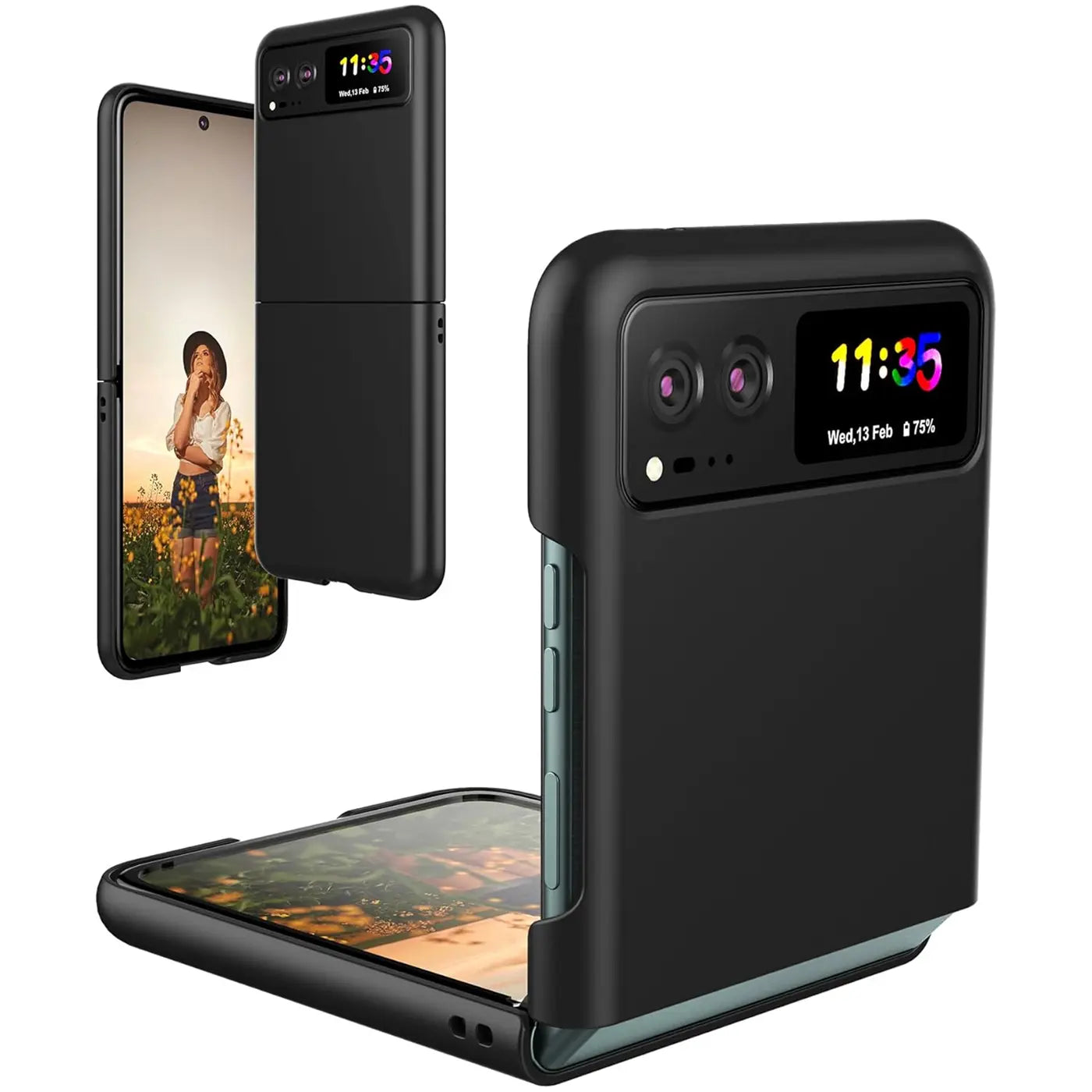 Schwarze Silikonhülle für Motorola Razr 40, matt, von vorne links und rechts gezeigt, aufklappbar.