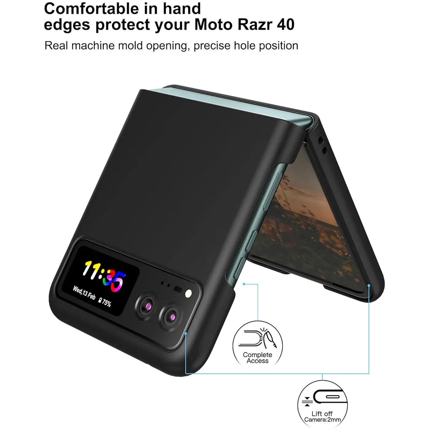 Schwarze matte Silikonhülle für Motorola Razr 40, von vorne, mit offenem Gerät.