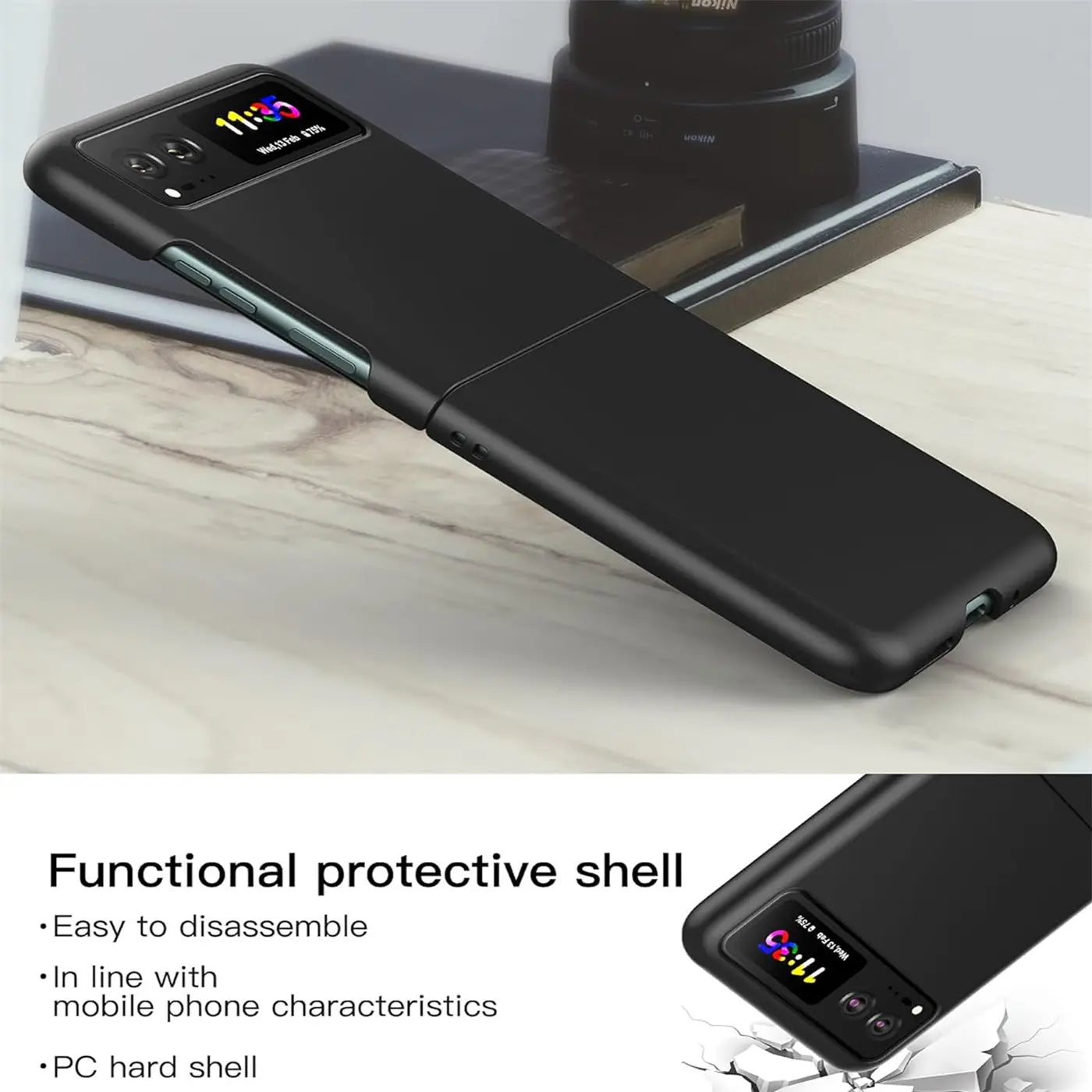 Schwarze, matte Silikonhülle für Motorola Razr 40, von oben/seitlich, aufklappbares Handy.