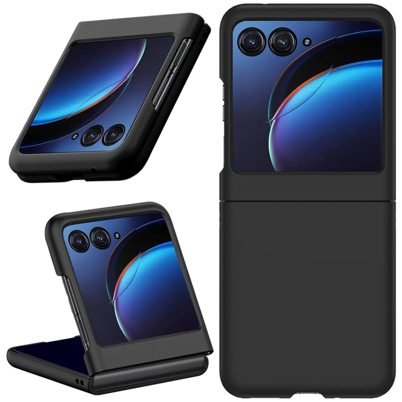 Schwarze Silikonhülle für Motorola Razr 40 Ultra, matt, verschiedene Winkel, geschlossenes und geöffnetes Handy