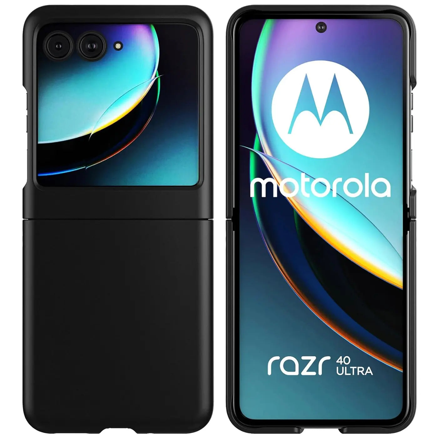 Schwarze Silikonhülle für Motorola Razr 40 Ultra, Vorder- und Rückansicht.