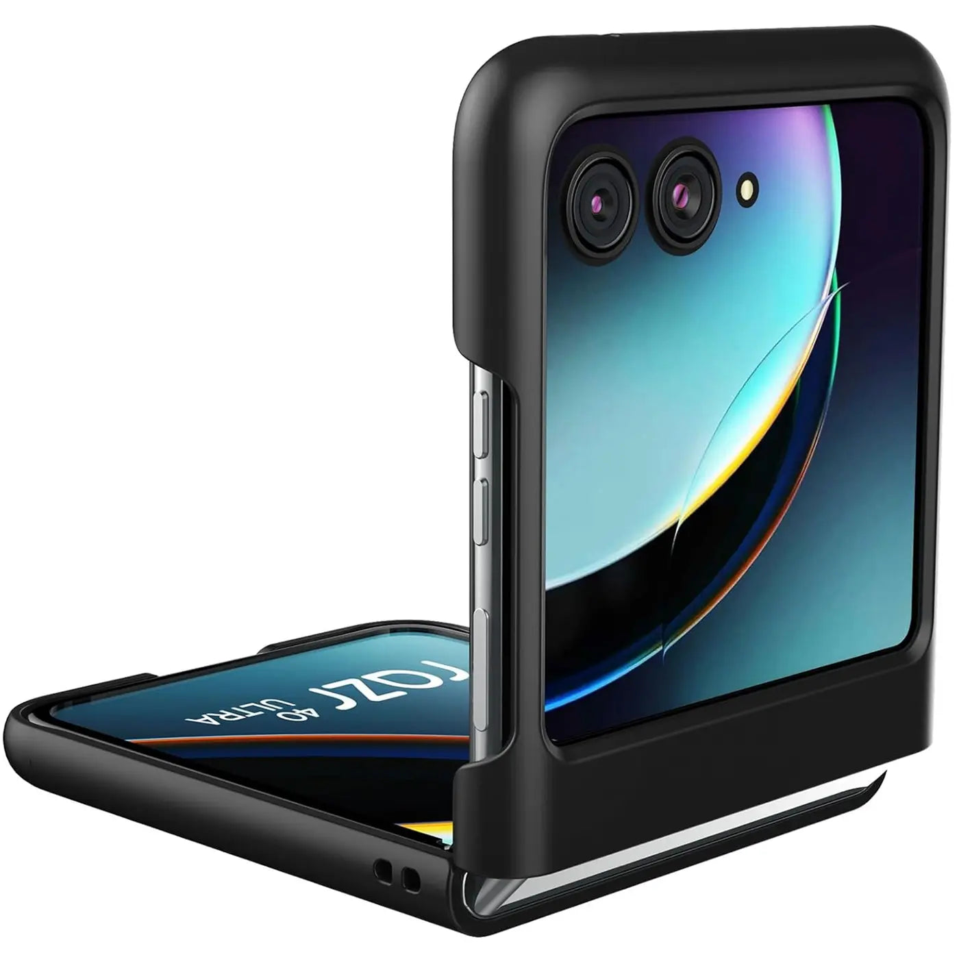 Schwarze Silikonhülle für Motorola Razr 40 Ultra, von vorne schräg, matt.