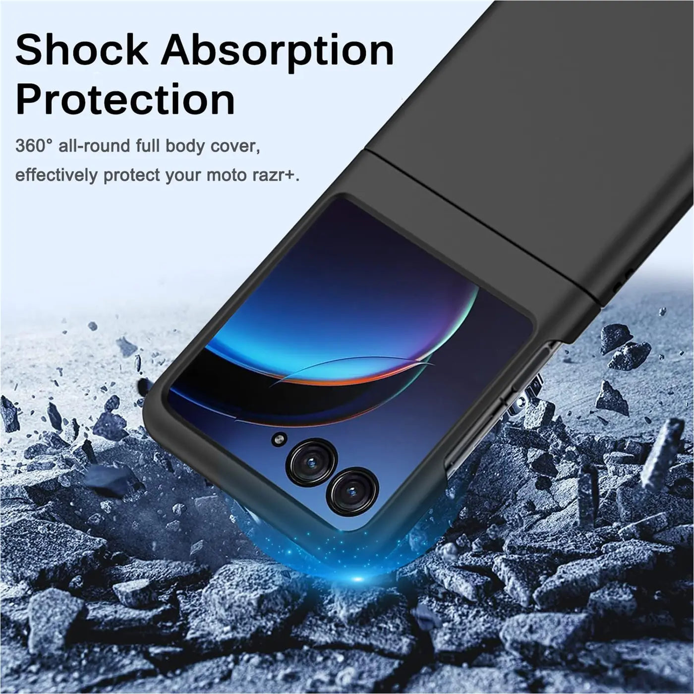 Schwarze Silikonhülle für Motorola Razr 40 Ultra, von oben, mit zerbrochenem Untergrund.