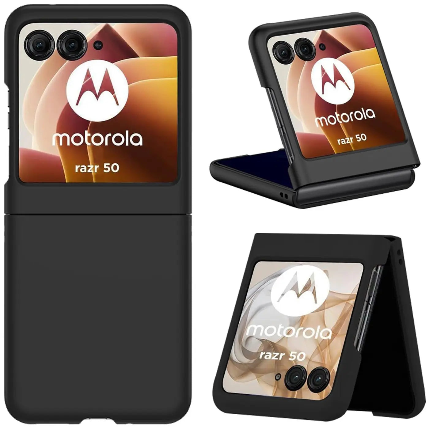 Schwarze Silikonhülle für Motorola Razr 50, geschlossen, offen, von vorne und schräg