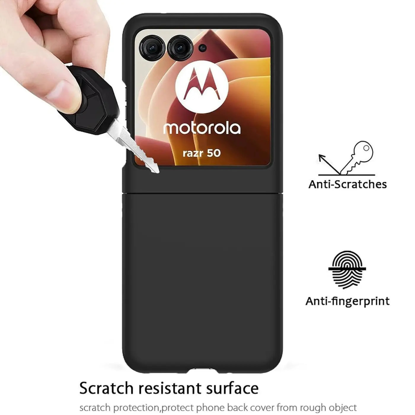 Schwarze Silikonhülle für Motorola Razr 50, Vorderansicht, mit Schlüssel zum Testen der Kratzfestigkeit.