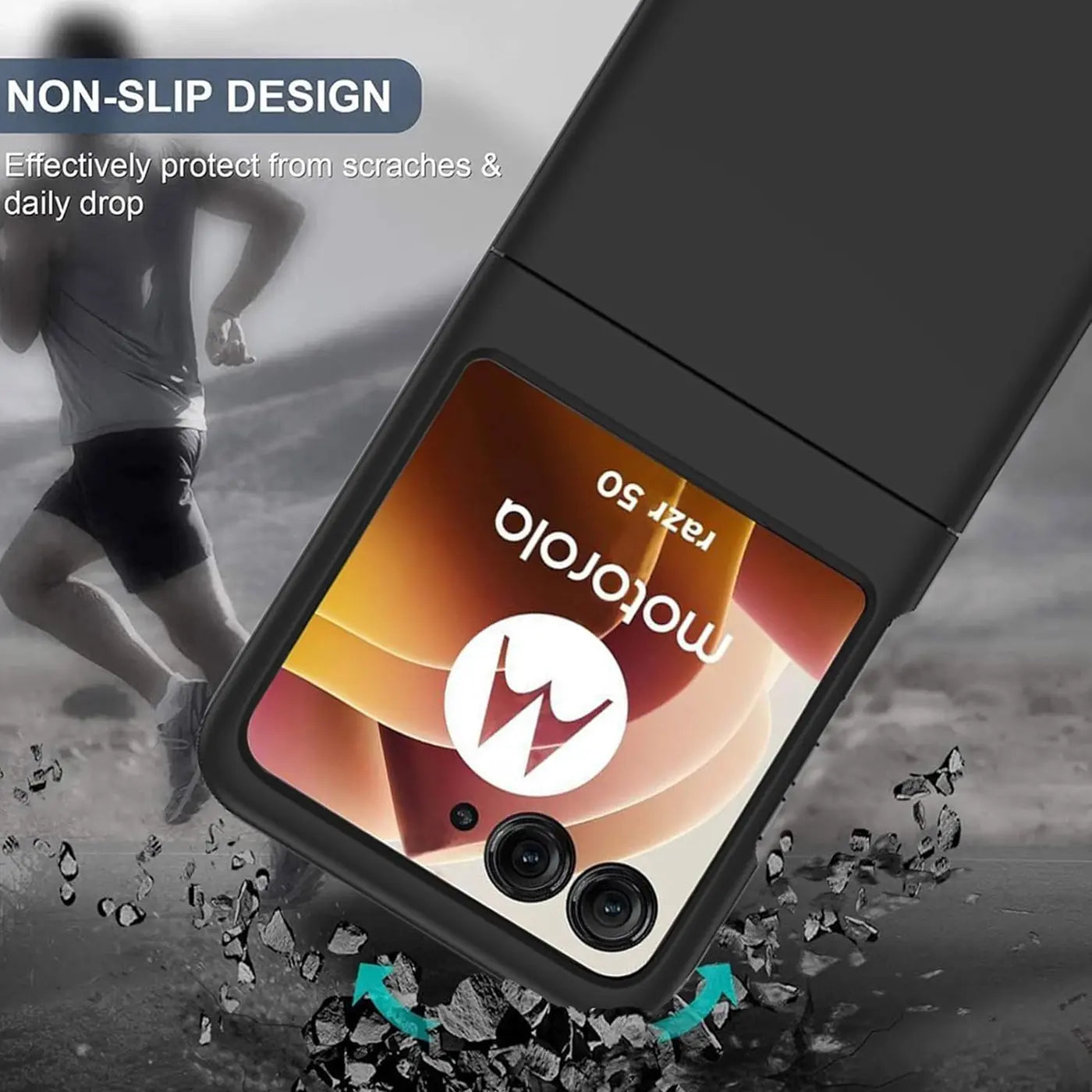 Schwarze Silikonhülle auf Motorola Razr 50, Nahaufnahme, von oben.