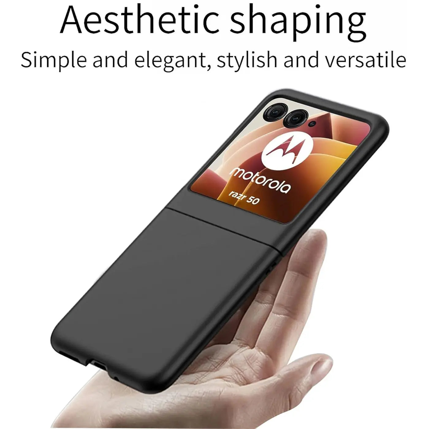 Schwarze matte Silikonhülle für Motorola Razr 50, von schräg oben gezeigt.