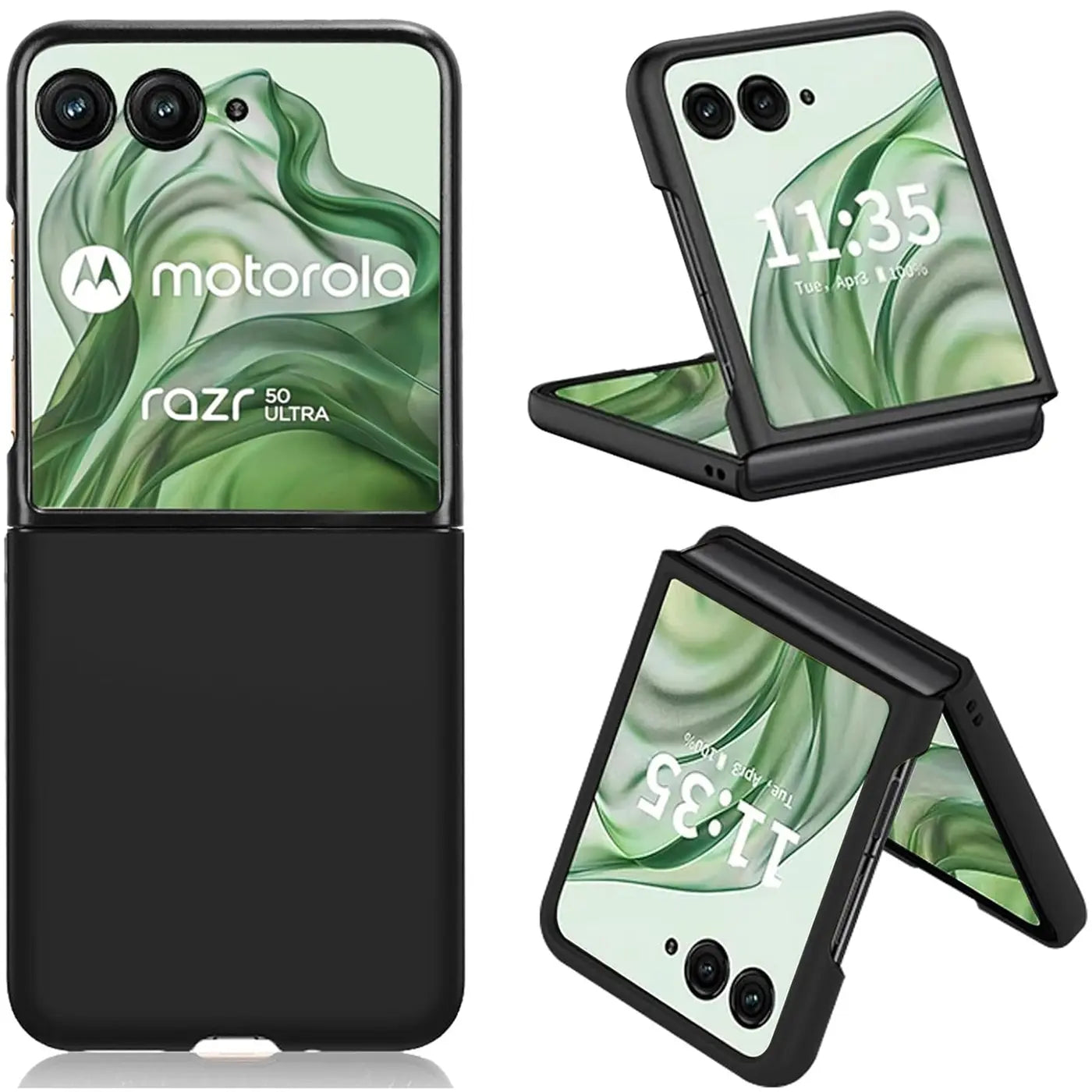 Schwarze Silikonhülle für Motorola Razr 50 Ultra, matt. Frontansicht, seitliche Ansichten.