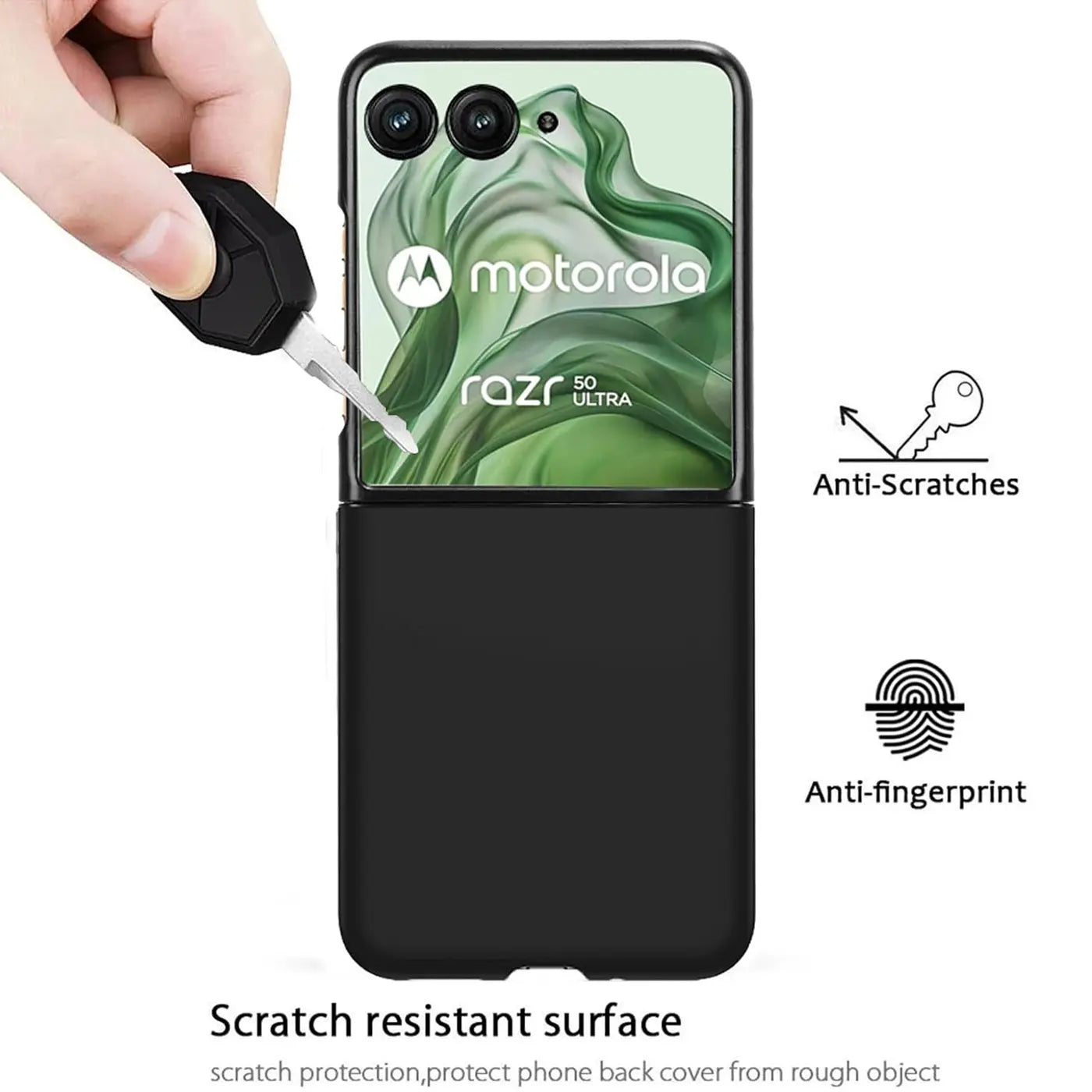 Schwarze Silikonhülle für Motorola Razr 50 Ultra, von vorne, mit Schlüssel.