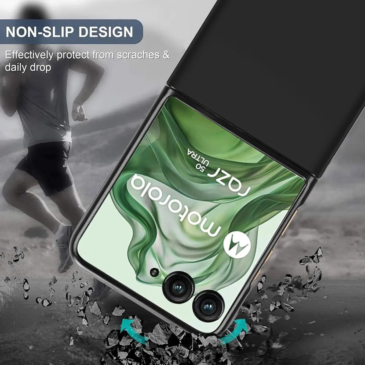 Schwarze Slim-Silikonhülle für Motorola Razr 50 Ultra, von vorne schräg gezeigt.