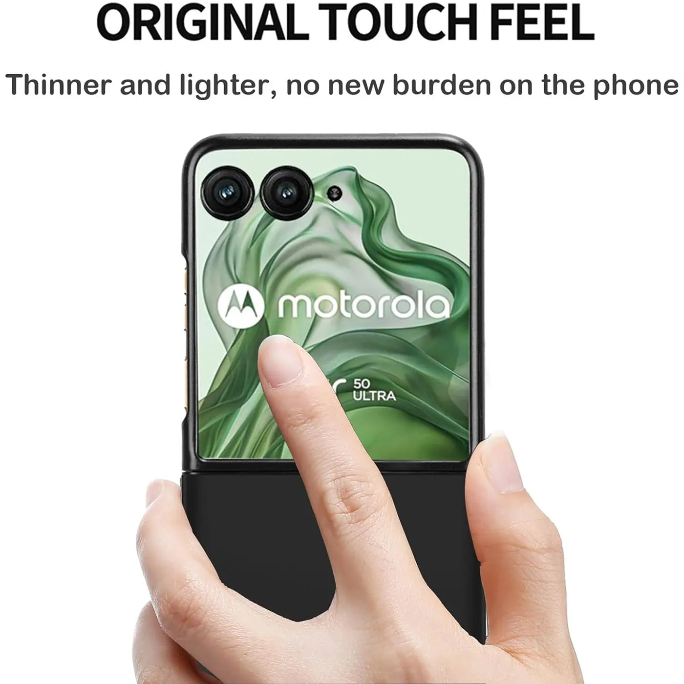 Schwarze Silikonhülle für Motorola Razr 50 Ultra, von vorne, Finger berührt Display.